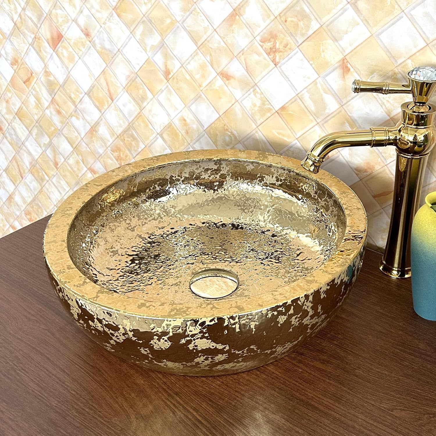 Luxury Gold Vanity Top Round Sink Bowl Ceramic Bathroom Vessel Sinks for Bar And Cloakroom|1 Sink Only|Dia.42cmxH15cm