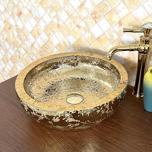 Miniatura 8 de Fregadero redondo de lujo dorado para lavabo de baño de cerámica para bar y guardarropa, 1 fregadero solamente, diámetro 16.5 in x 5.9 in