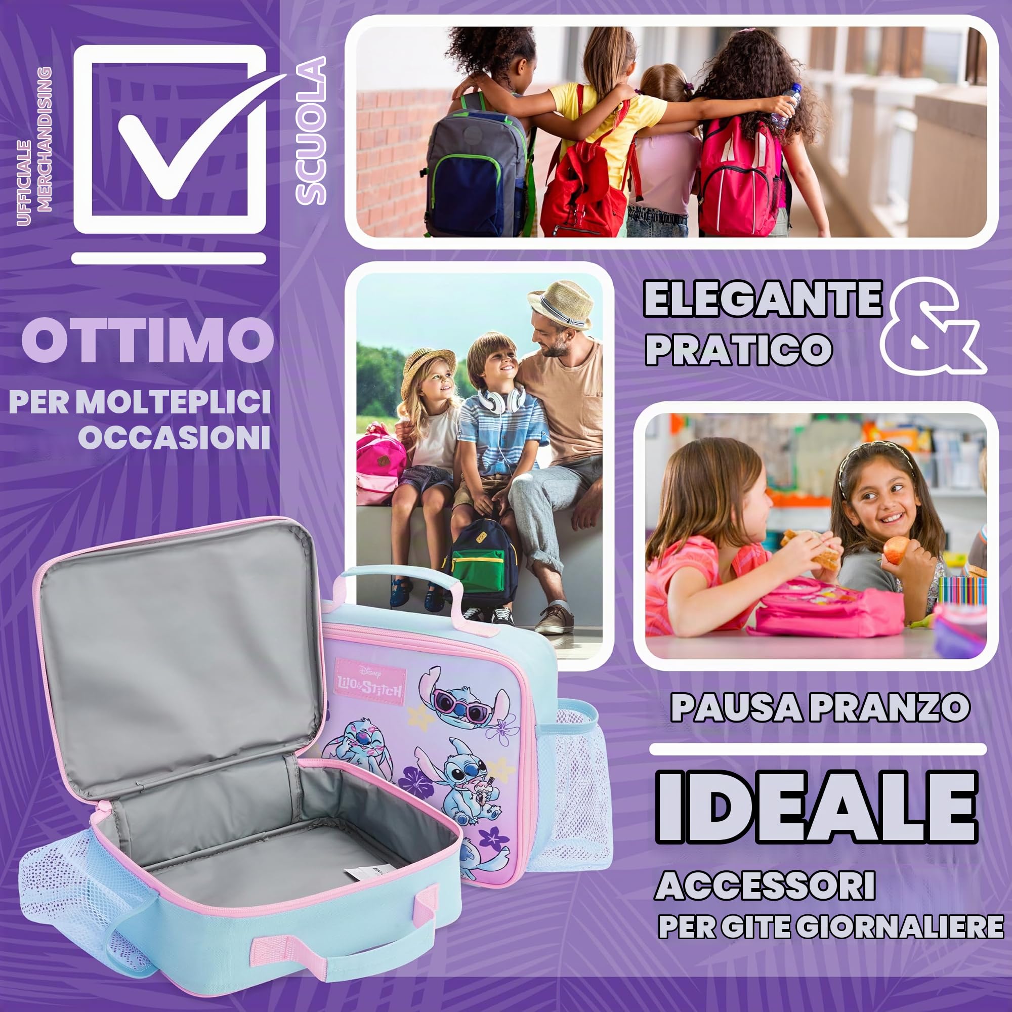 Disney Stitch Borsa Termica Bambini con Fodera Isolante, Borsa Frigo Bambina per Scolastici, Viaggi (Rosa/Blu)