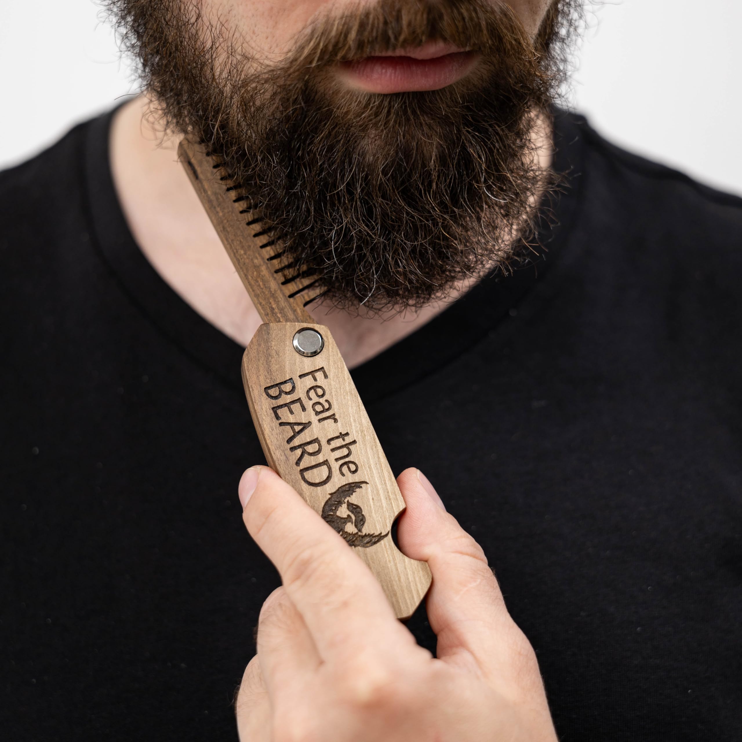 Beard Comb Gifts for Him Wooden Comb for Men Folding Pocket for Moustache Hair Walnut Combs Husband with the Engraving (Fear The Beard)