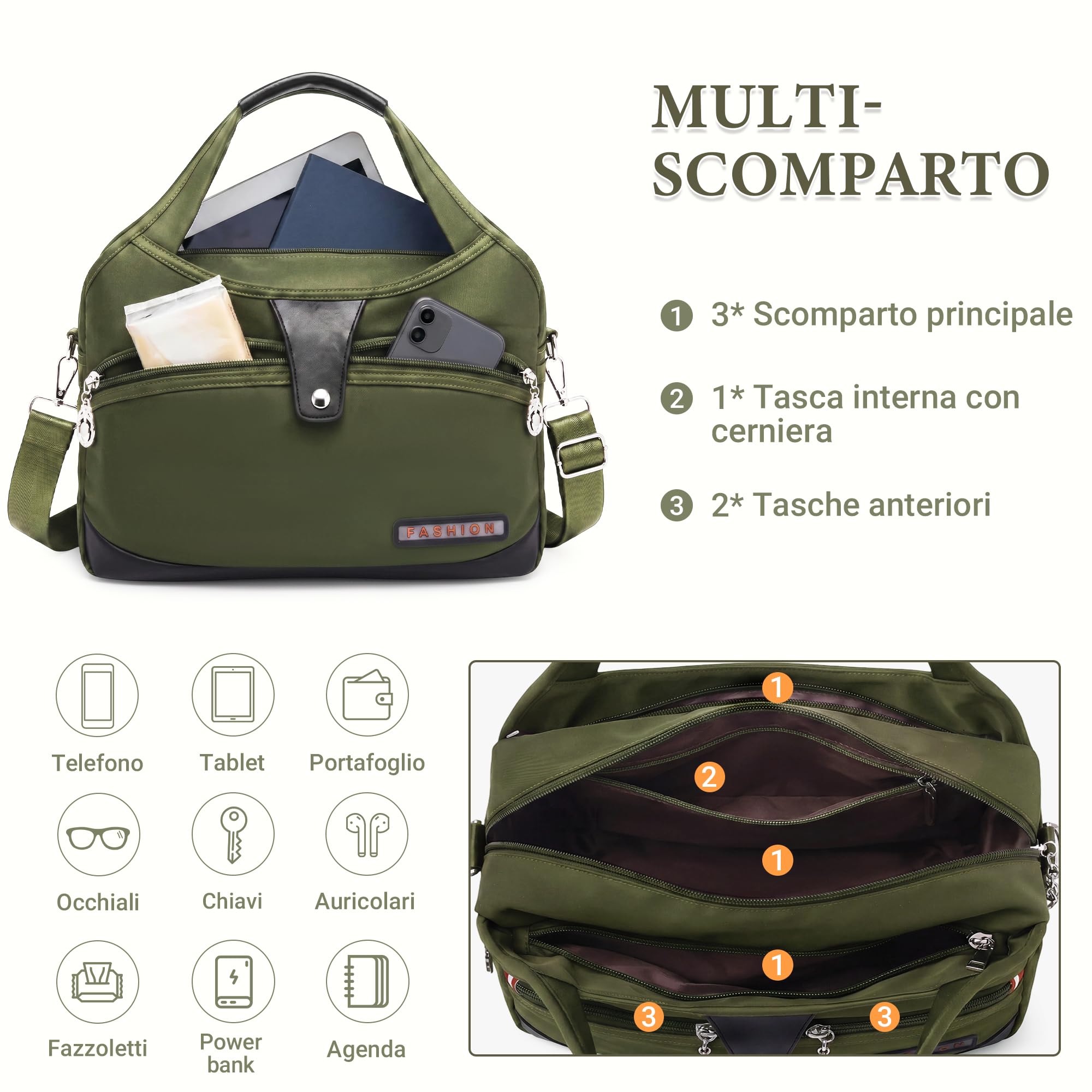 DIRRONA Borsa a Spalla Donna, Borsa a Tracolla in Nylon Leggera con Tasche Multiple, Tracolla Regolabile Borsa Donna Media per Lavoro Viaggio Uso Quotidiano Verde oliva moderno