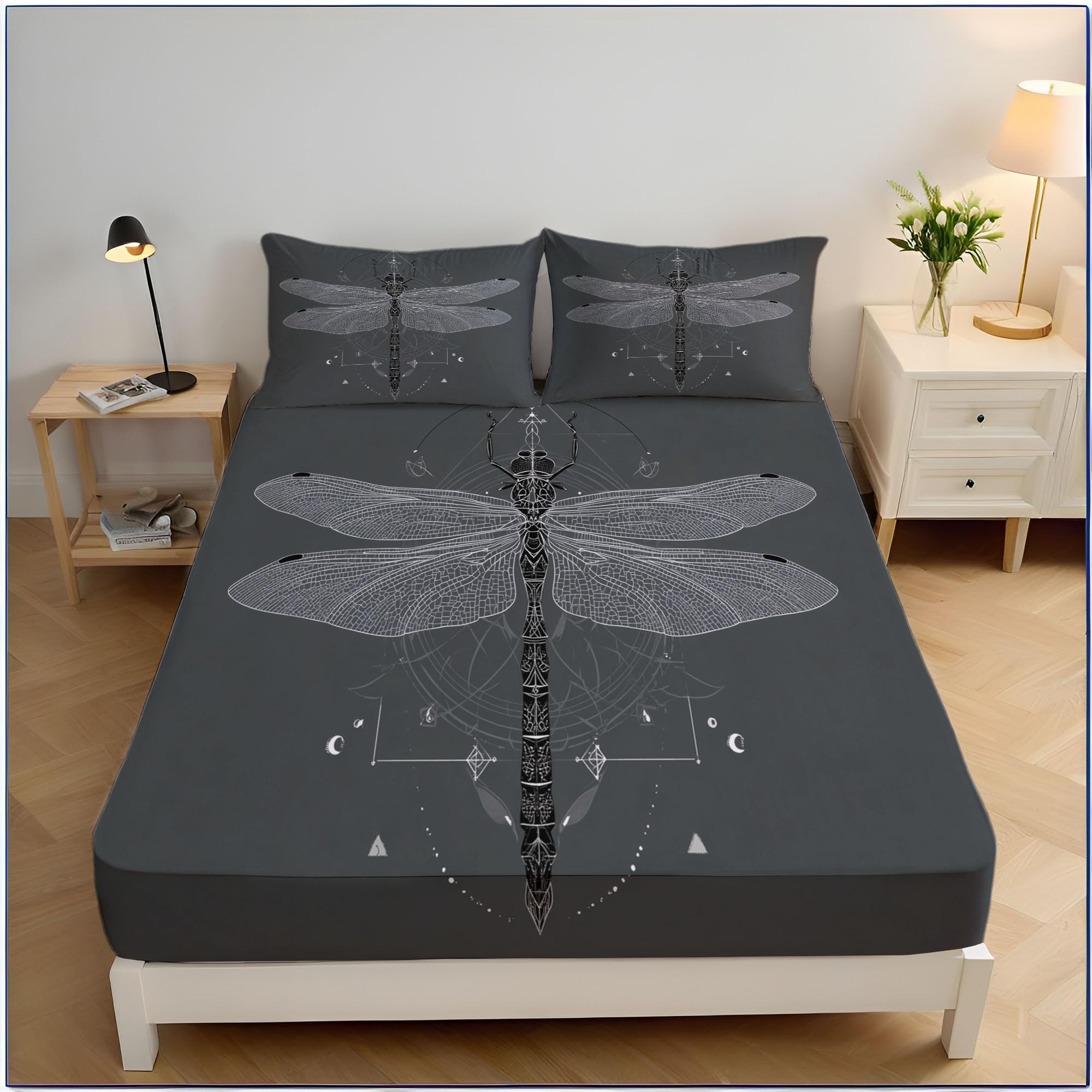 Drap housse imprimé libellule gris foncé, déco de chambre minimaliste 160x200 cm