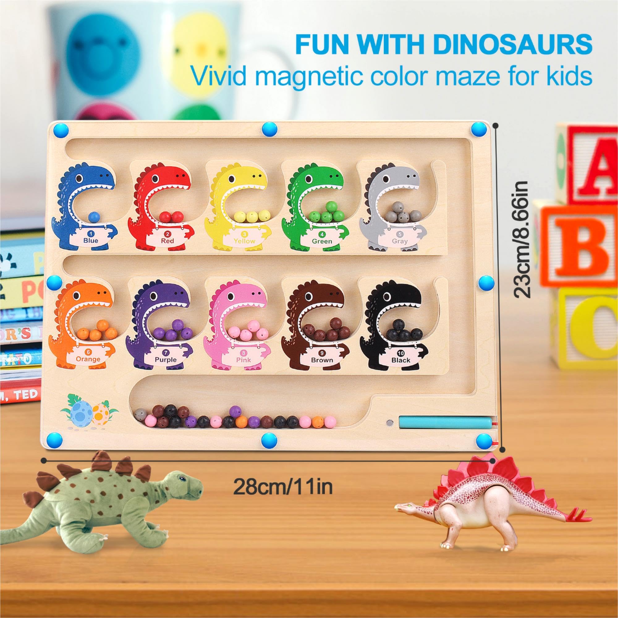 Labyrinthe Magnétique Dinosaure – Jeu Montessori 3 Ans – Bois, 55 Perles, 10 Couleurs – Cadeau 3-6 Ans