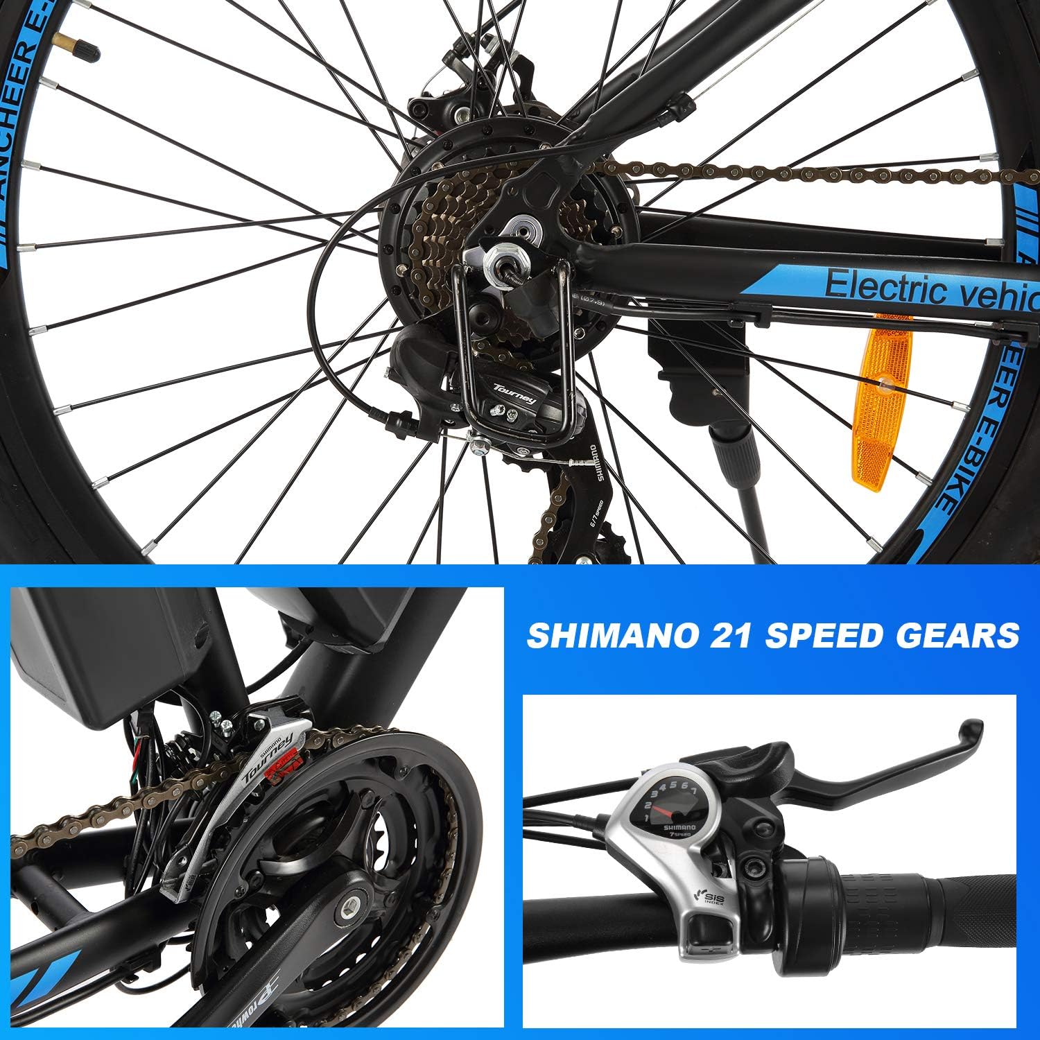 Close-up of the 27.5-inch wheel with disc brake and front suspension fork.