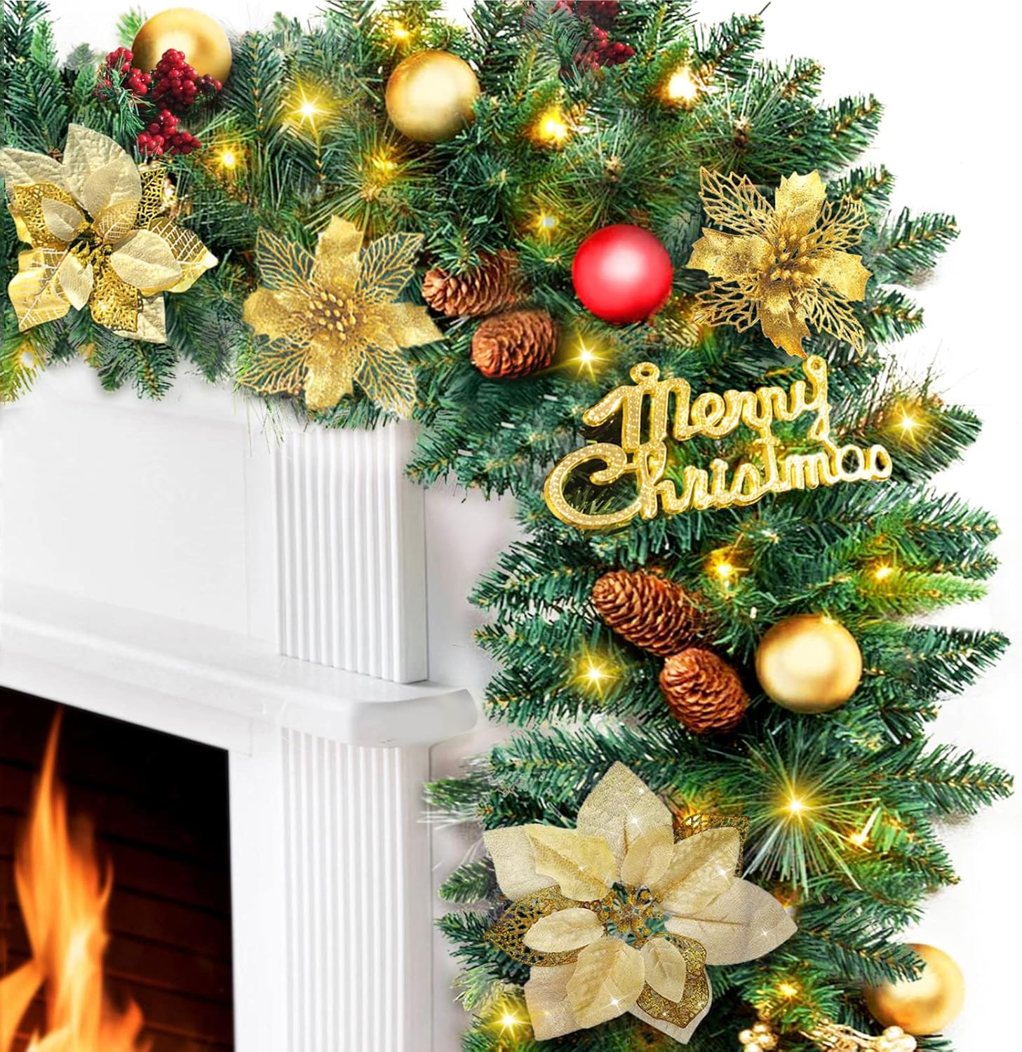 Christmas Garland with Lights, Christmas Garland for Mantle, Gold