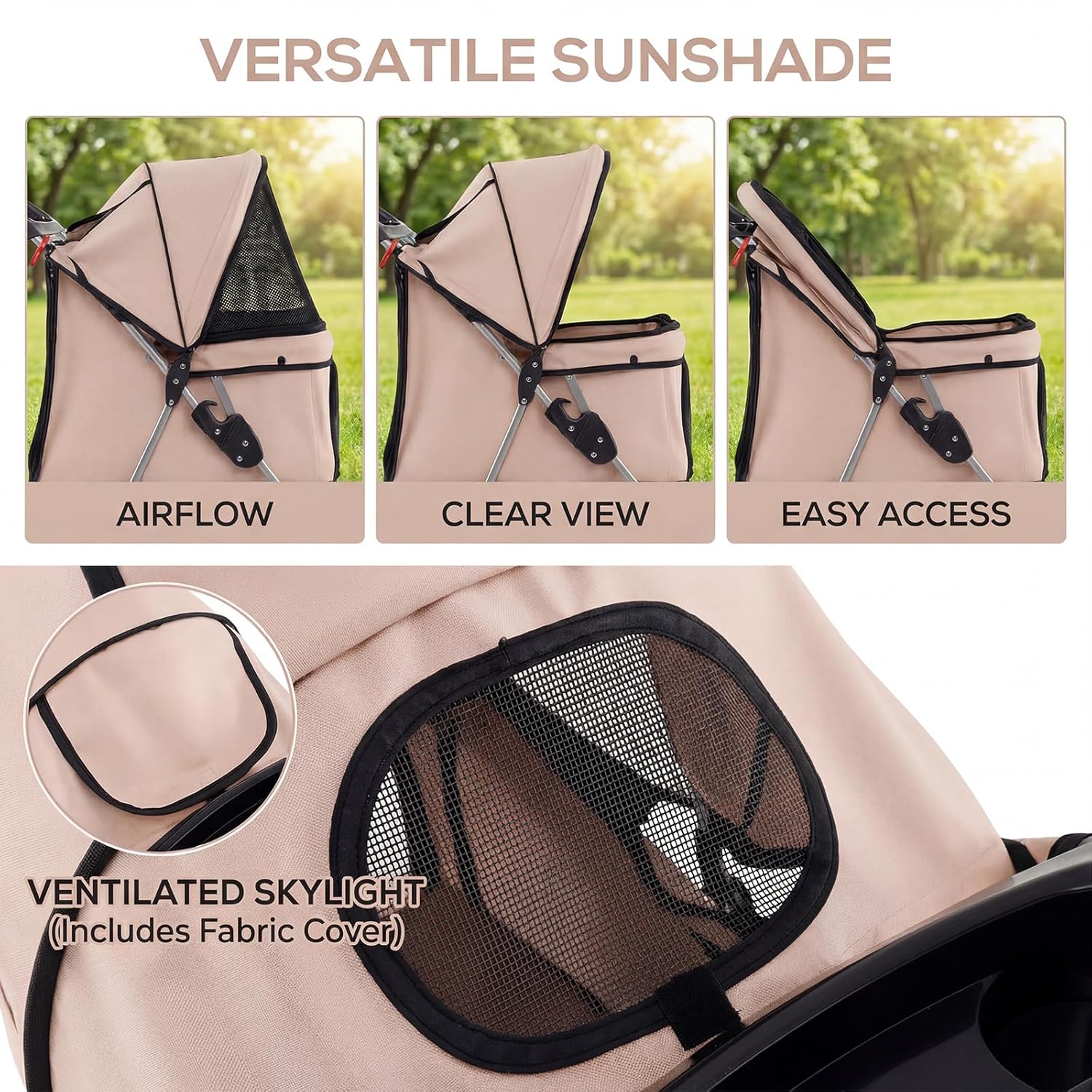 Giantex Foldable Pet Stroller for Small Dogs & Cats, Lightweight Dog Stroller with Lockable Wheels, One-Hand Quick Fold, Adjustable Canopy, Safety Leash & Storage Basket, Pet Travel Stroller, Beige