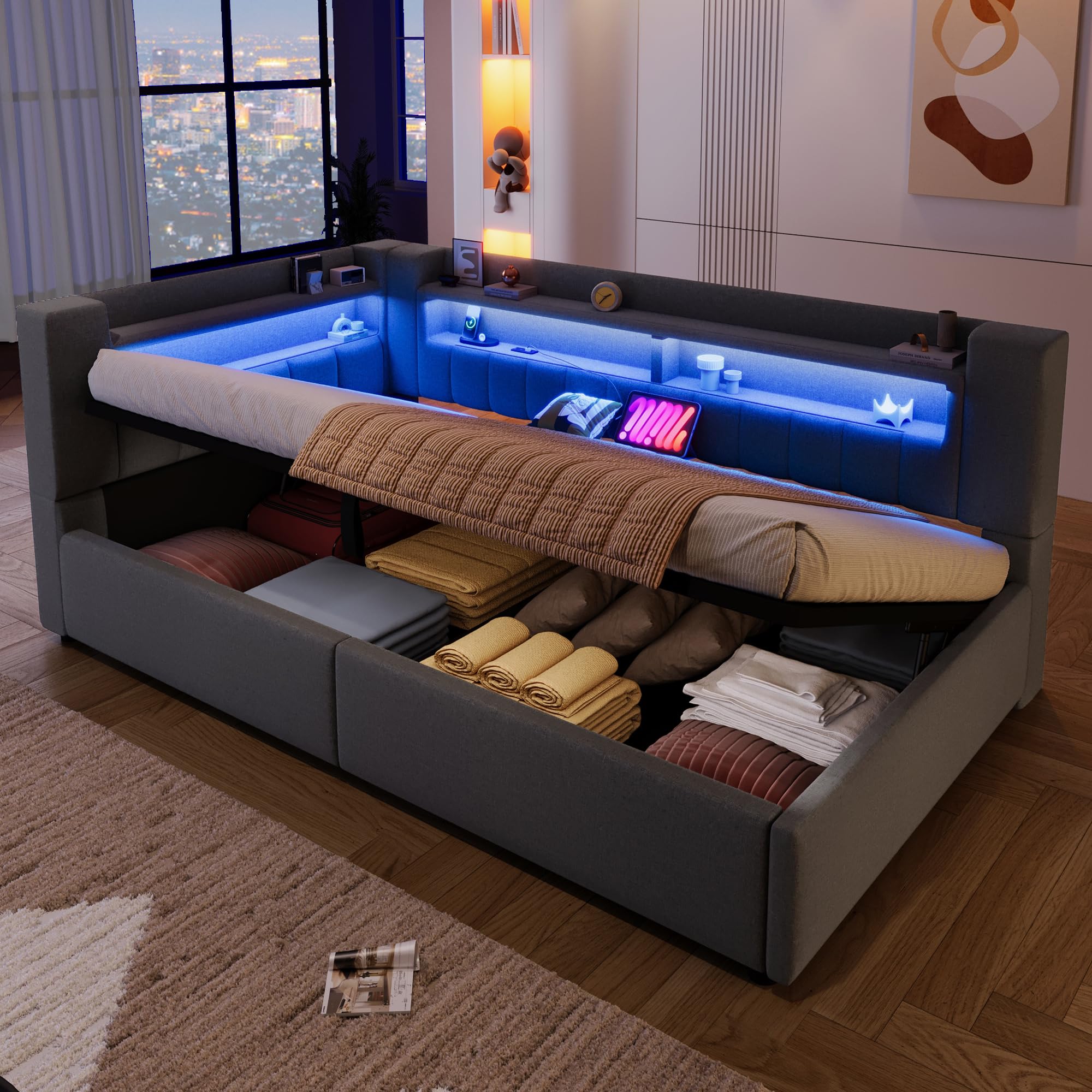 Daybett, 90 x 200 cm,Hydraulische Lagerungt, Mit USB Typ-C Ladefunktion, LED-Beleuchtung, Sofabett, Einzelbett, Ohne Matratze, Leinen, minimalistischer Stil,Grau