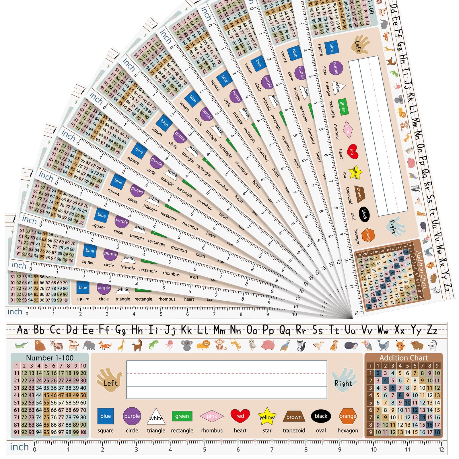 72 Pcs Traditional Manuscript Name Plate for Desk Self Adhesive Students Desk Plates with Alphabet Ruler Number Shapes Color Animal Desk Name Tags for