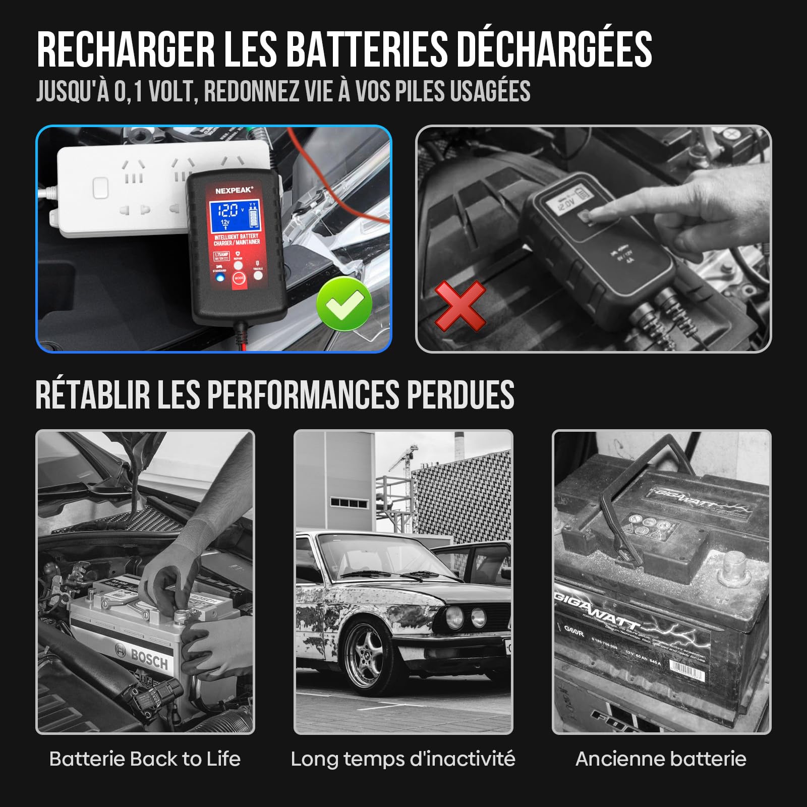 Chargeur de Batterie de Voiture 1,75 A, 6 V et 12 V, Chargeur de Batterie Intelligent entièrement Automatique, Chargeur d'entretien, désulfateur de Batterie pour Voiture, Tondeuse à Gazon, Moto