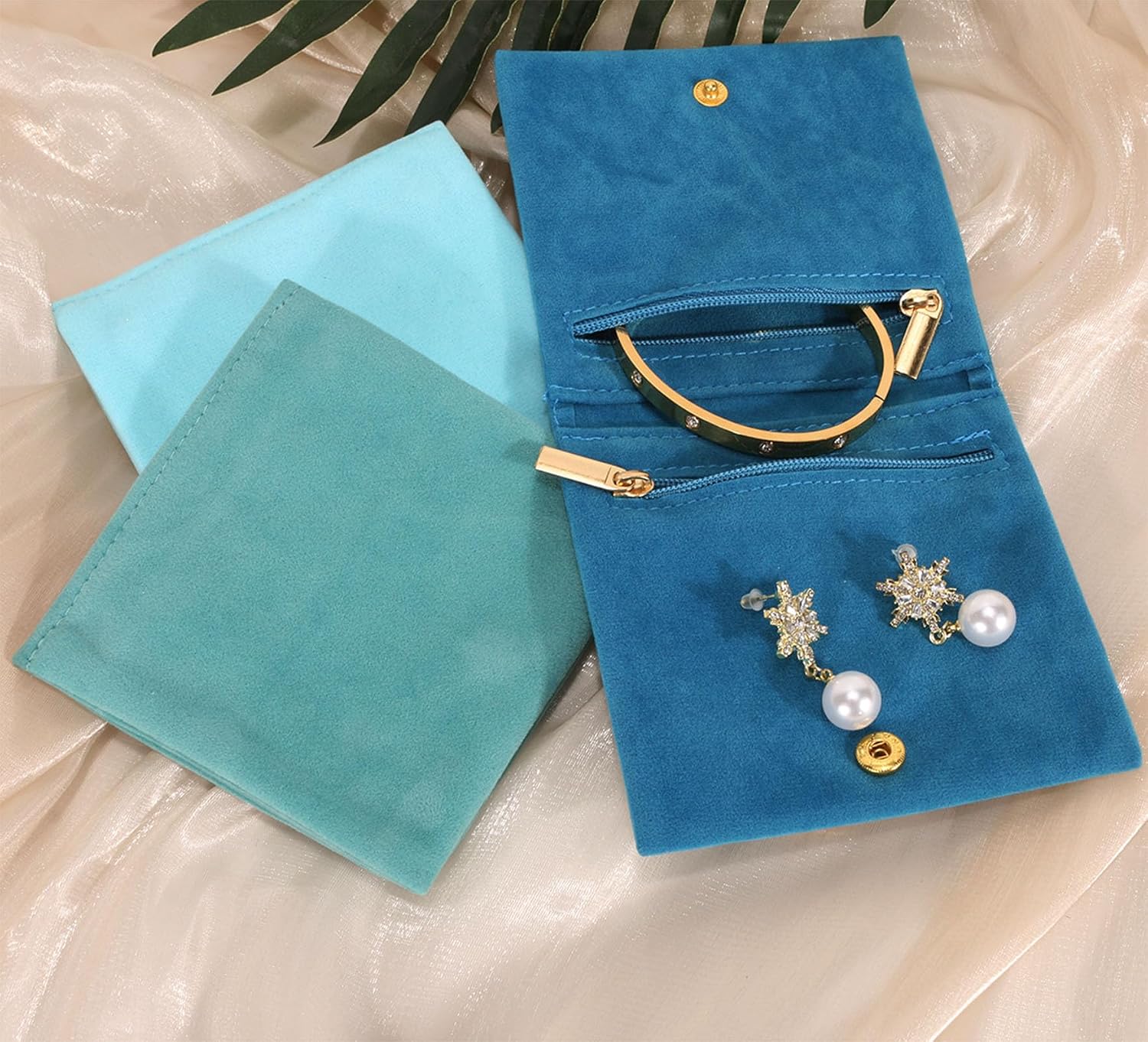 3pcs 4"x4" Blue Velvet Jewelry Pouches, Mini Travel Zipper Storage Bags, Portable Jewelry Roll for Rings, Necklaces, Earrings,Bracelets for Traveling Gifting image 2