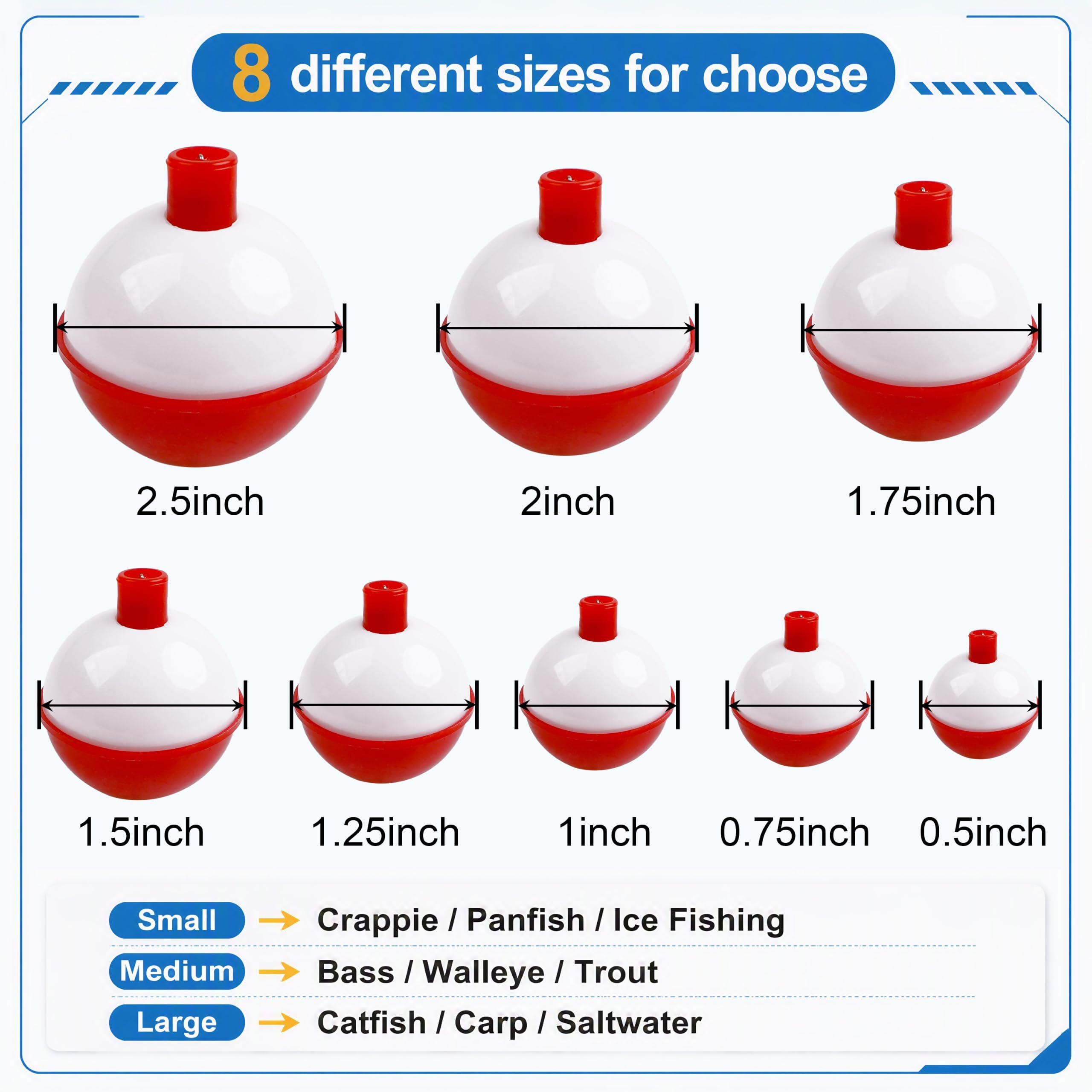 OROOTL Lot de 25 flotteurs de pêche ronds en plastique ABS 1,3 à 5,1 cm, 25pcs-2inch