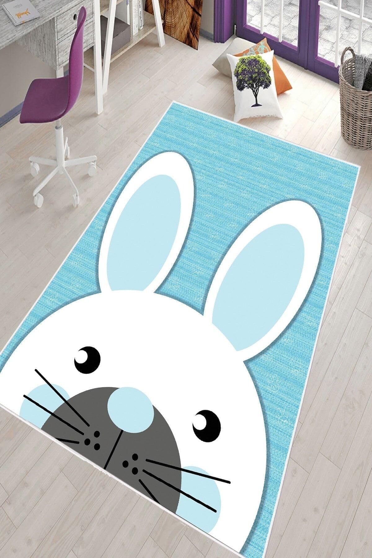 Pelangi Mavi Tavşan Desenli Yıkanabilir Kaymaz Taban Leke Tutmazbebek Ve Çocuk Odası Halısı, Gri-Mavi 40 x 40, 9013571574040