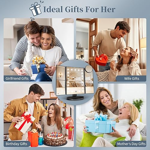 Miniatura 5 de HUONUL Espejo de Maquillaje de Tocador con Luces, Aumento 2X 3X 10X, Control Táctil, Espejo Tríptico, Fuente de Alimentación Doble, Regalos para