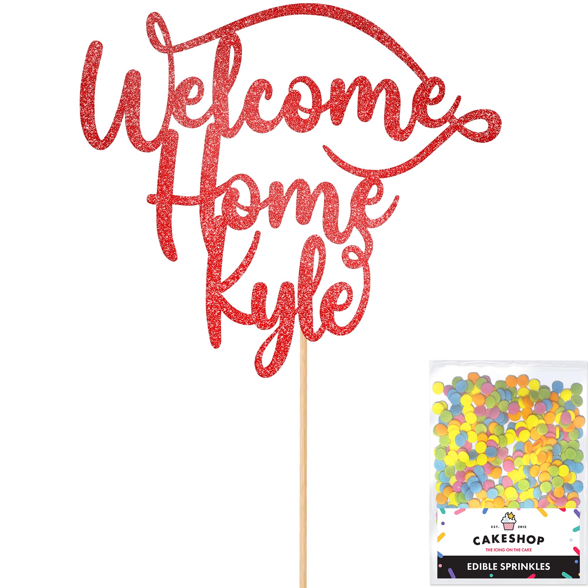 Cakeshop Personalised Welcome Home Glitter Cake Topper With Sprinkles - Red Custom Colour - Any Name - Double-Sided Glitter Card Cake Decoration - Custom Toppers for Cakes