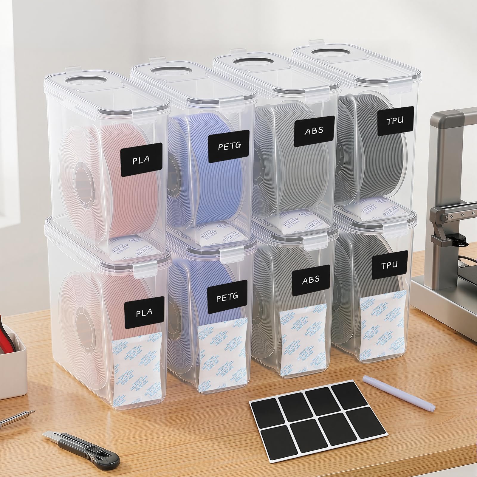 Filament Aufbewahrungsbox 4L mit Trockenmittel & Marker, 6er | Luftdichter Filament Container für gängige Materialien; Filament Box mit Etiketten und Marker zur 3D Druck Aufbewahrung