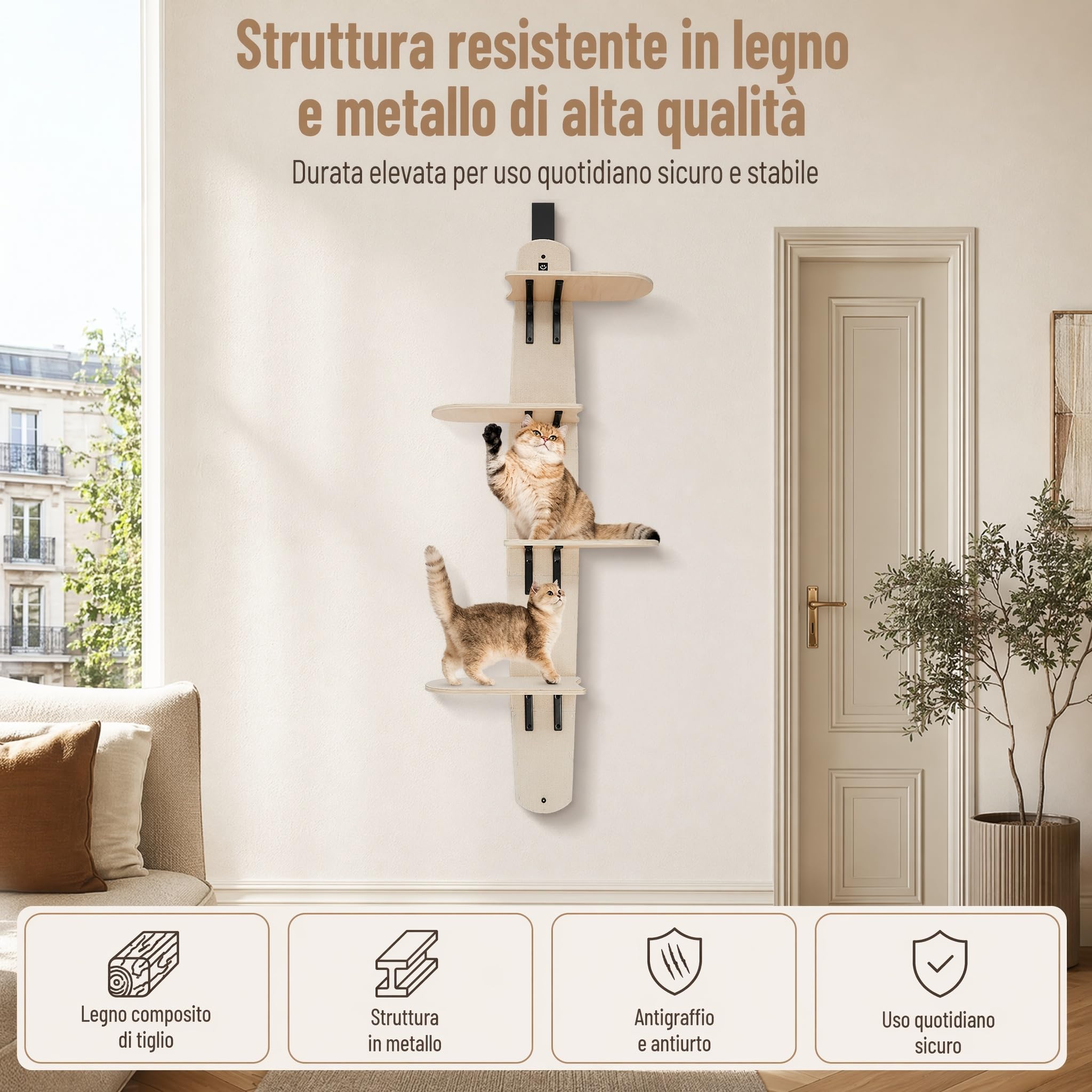 Mensole Da Parete Per Gatti A 4 Livelli, Versatile Tiragraffi A Torre Per Porta, Legno Massello, Montata Fino A 25 Kg, Gradini Per Arrampicare, Graffiare, Giocare