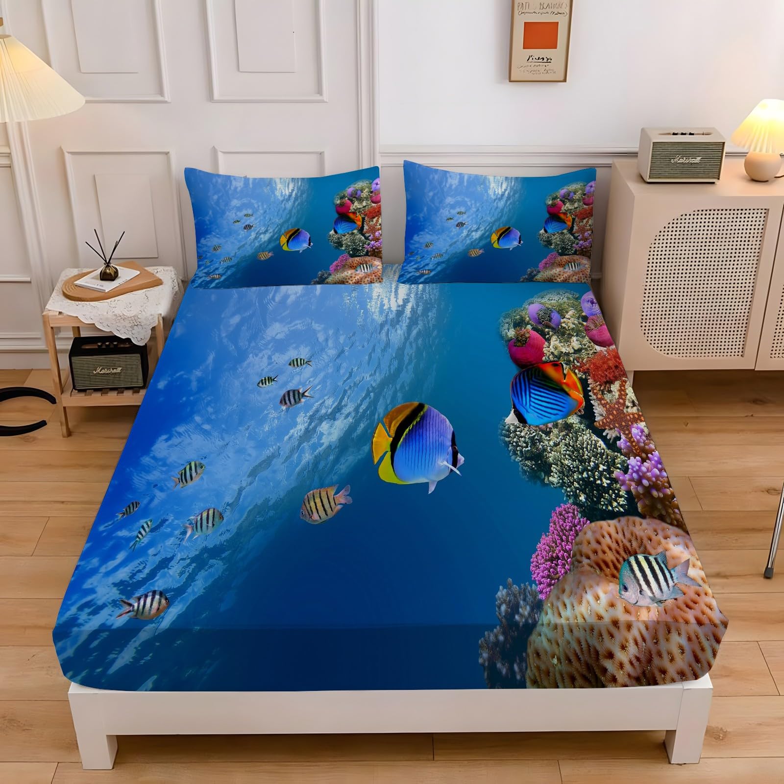 Amazon｜ボックスシーツ シングル 海の生き物 魚 ベッドカバー 100