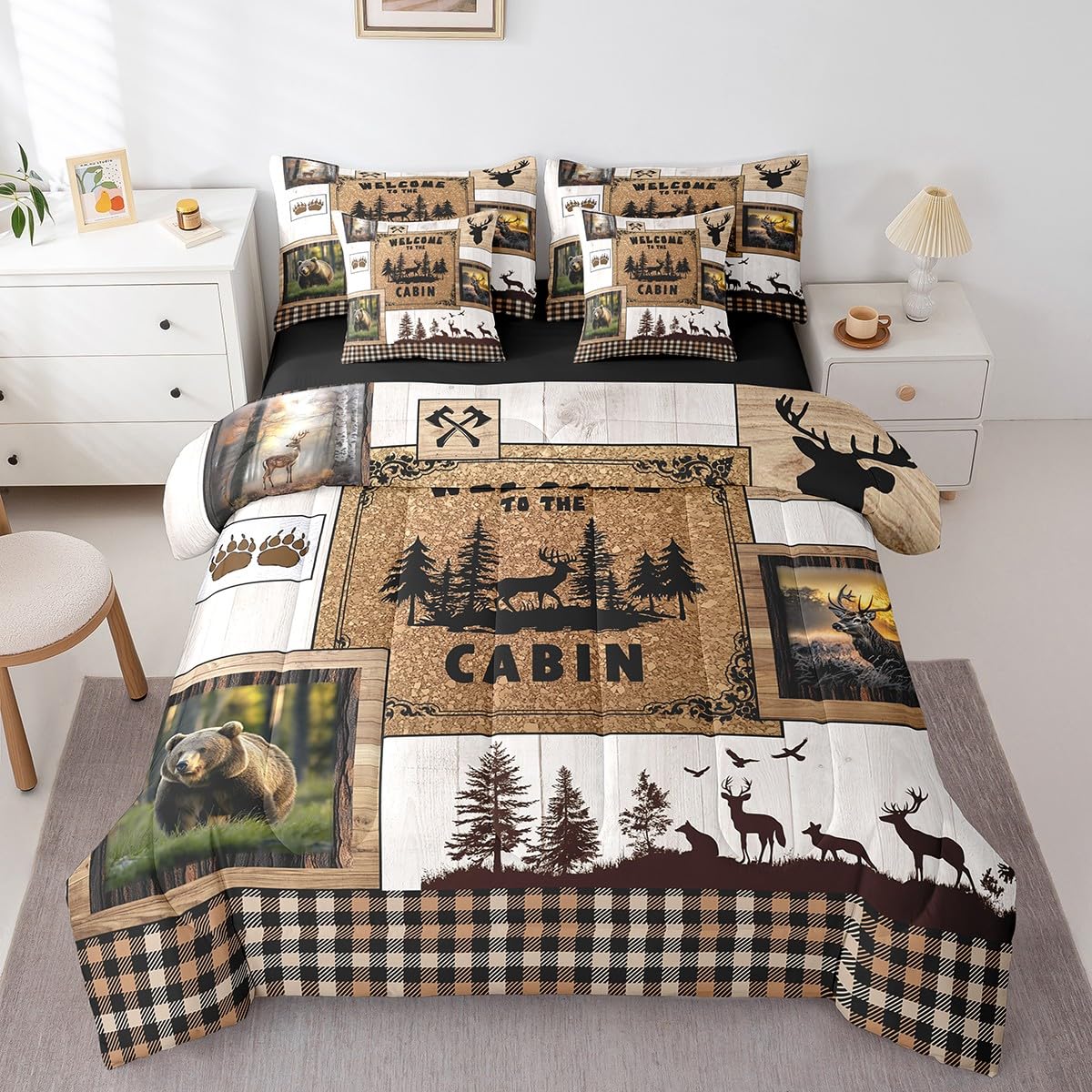 Retro Cabin Comforter Set 7 Piece Bed in a Bag Twin, Rustic Bear Deer Hunting Bedding Sets Wildlife Wild Animal Comforter and Sheet Set, Farmhouse Western Country Black Brown Lattice Room Decor