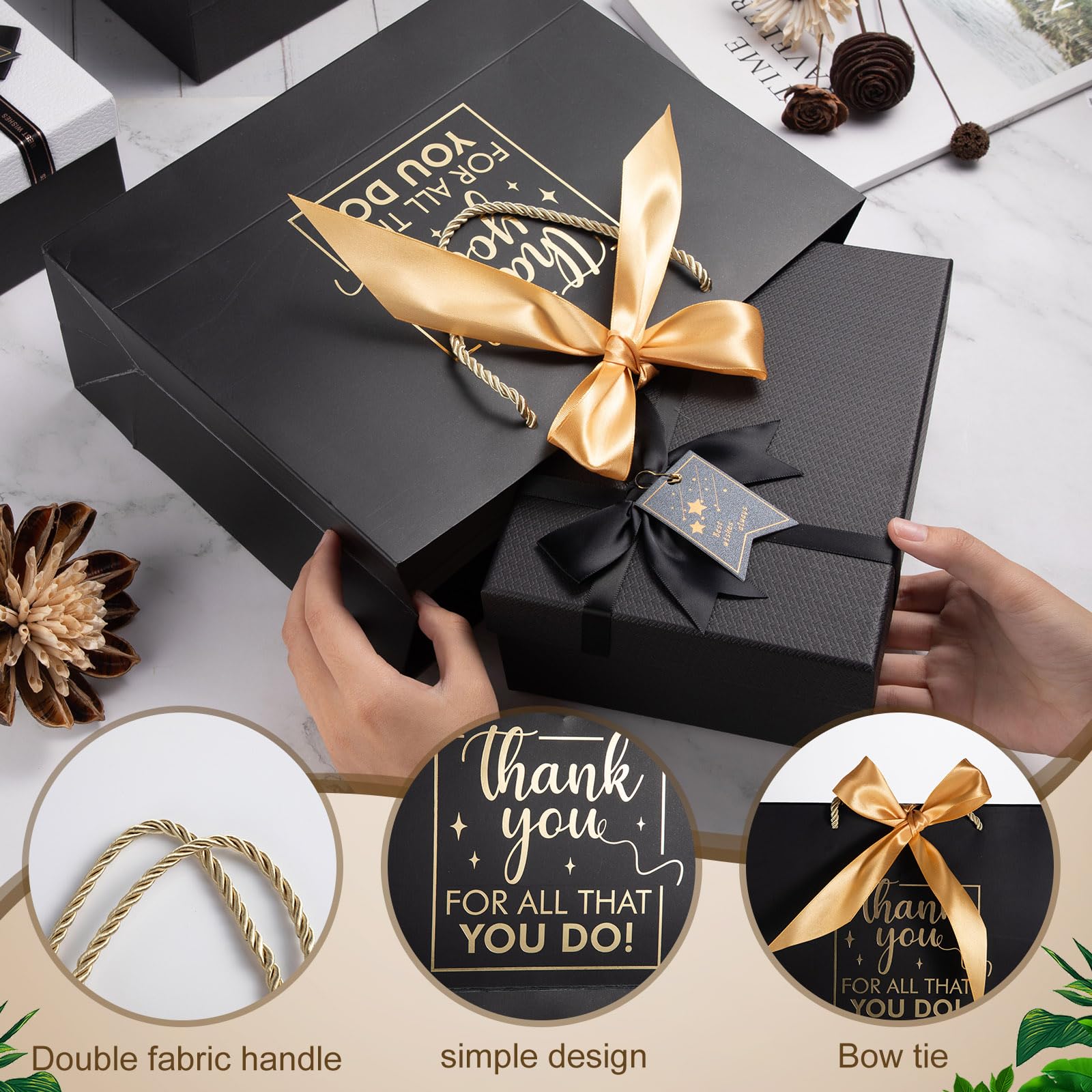 Kolldenn 12 Pcs Large Thank You Gift Bags with Handles Tissue Papers Bows 12.6 x 9.84 x 4.3 Inches Appreciation Bags for Teacher Volunteer Employee Coworker(Black)