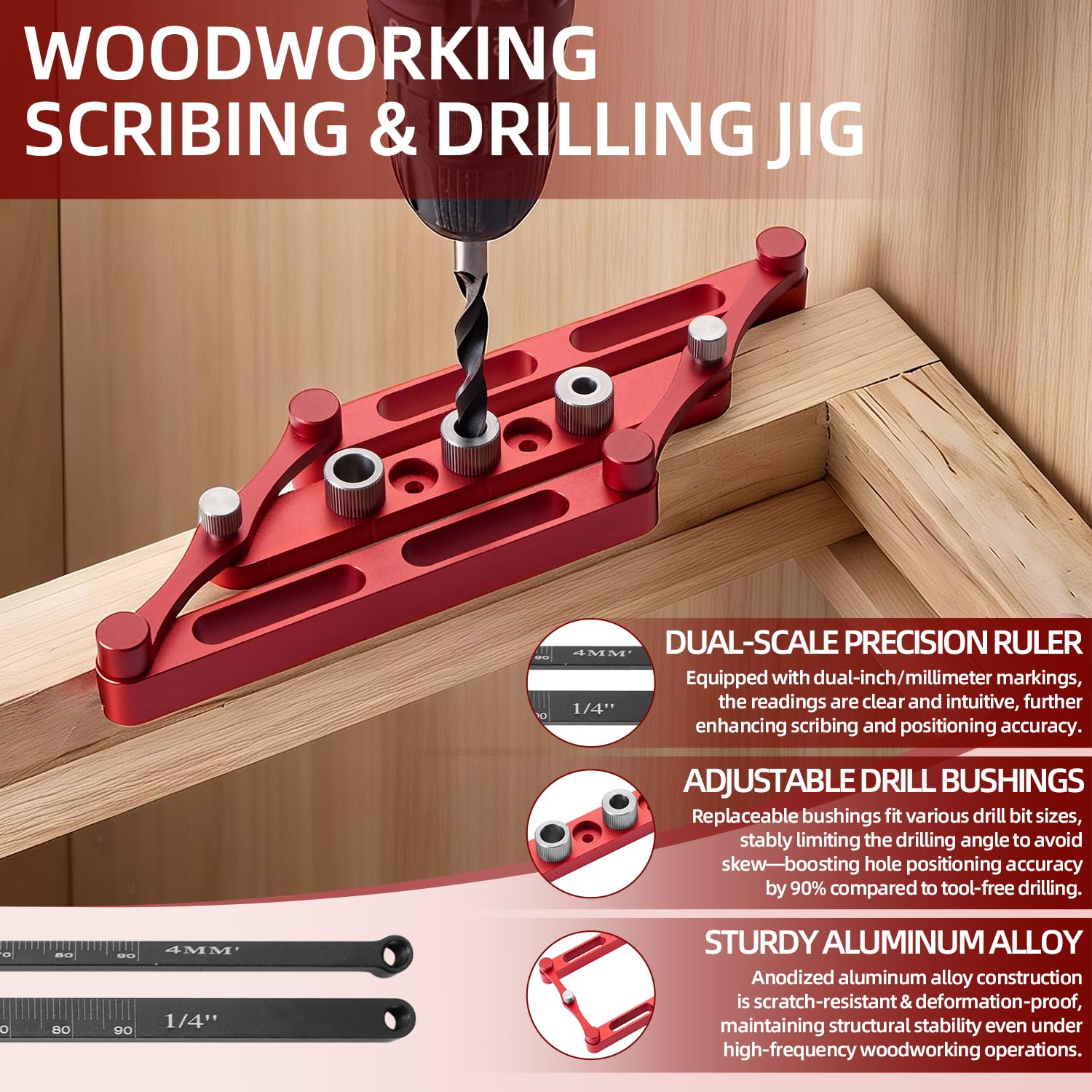 Positioner Locator Tool Dowel Jig Woodworking Joinery Hole Drill Guide,Center Finder Gauge with Self Centering Interchangeable Rods,Woodworking Marking Gauge for Precise Mortise and Tenon Jig — Amazon image 5