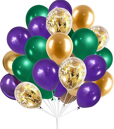 GiftExpress 50 globos de Mardi Gras morados, dorados y verdes, globos de 12 pulgadas y globos de confeti dorado para carnaval, fiesta de Mardi Gras,