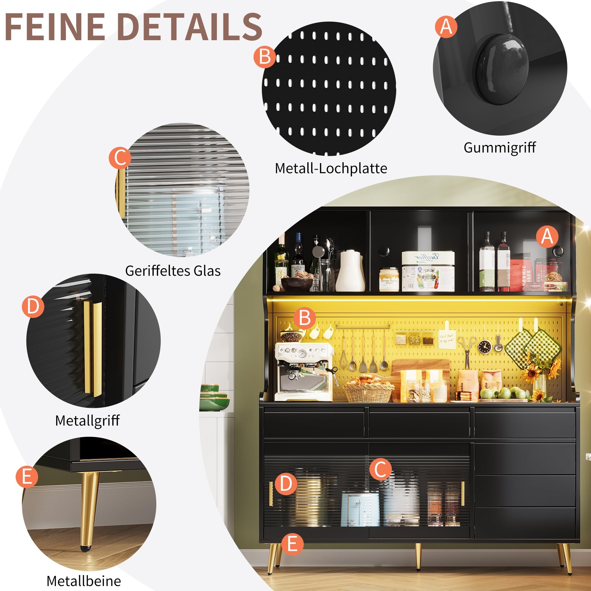 Hochschrank mit LED Beleuchtung & App-Steuerung, Küchenschrank oder Esszimmerschrank mit Schublade,Sideboard mit Aufbewahrungsregal mit Lochwand, 145x39x171cm, Schwarz