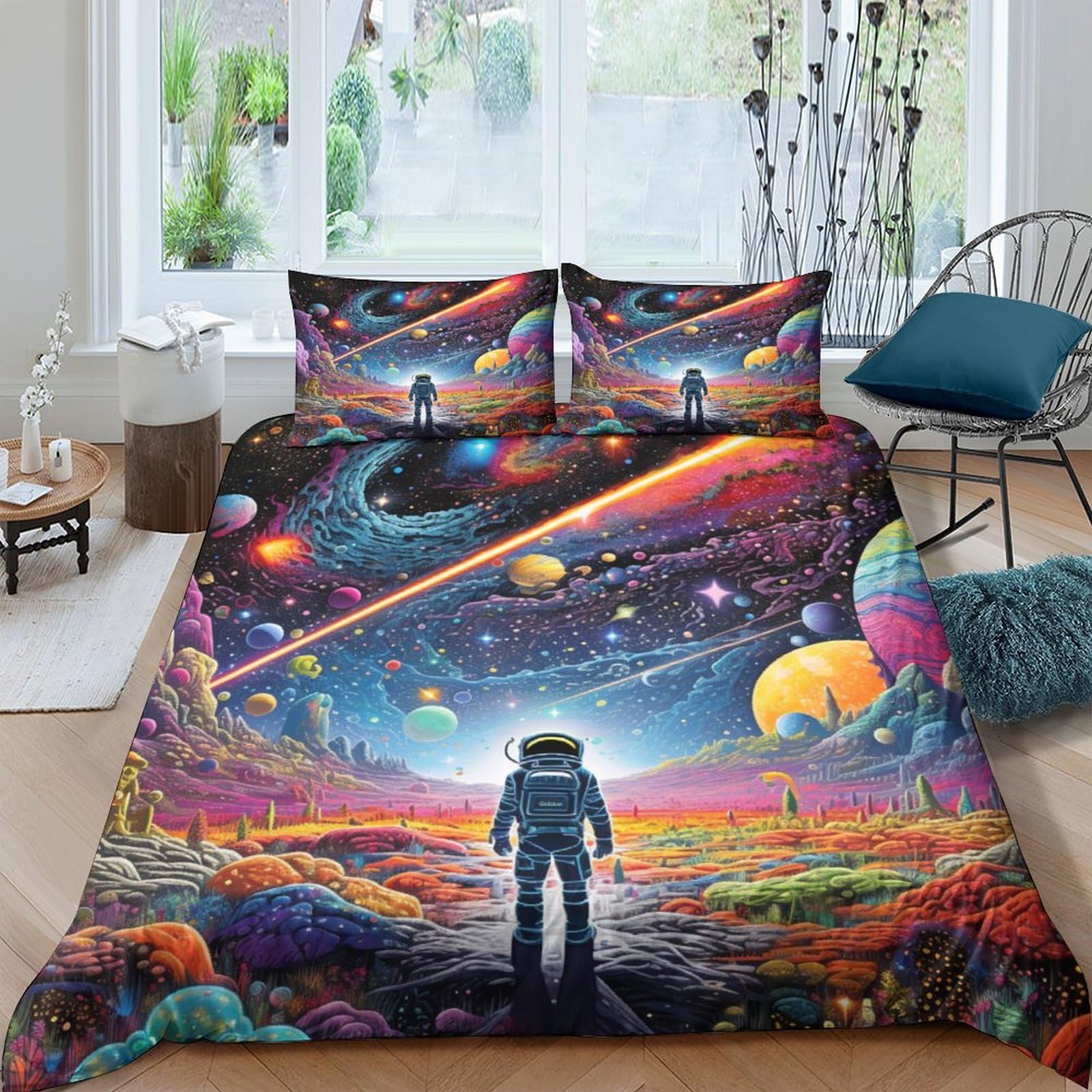 Housse de couette 3D extraterrestre astronauteee pour en finir avec les couettes qui glissent