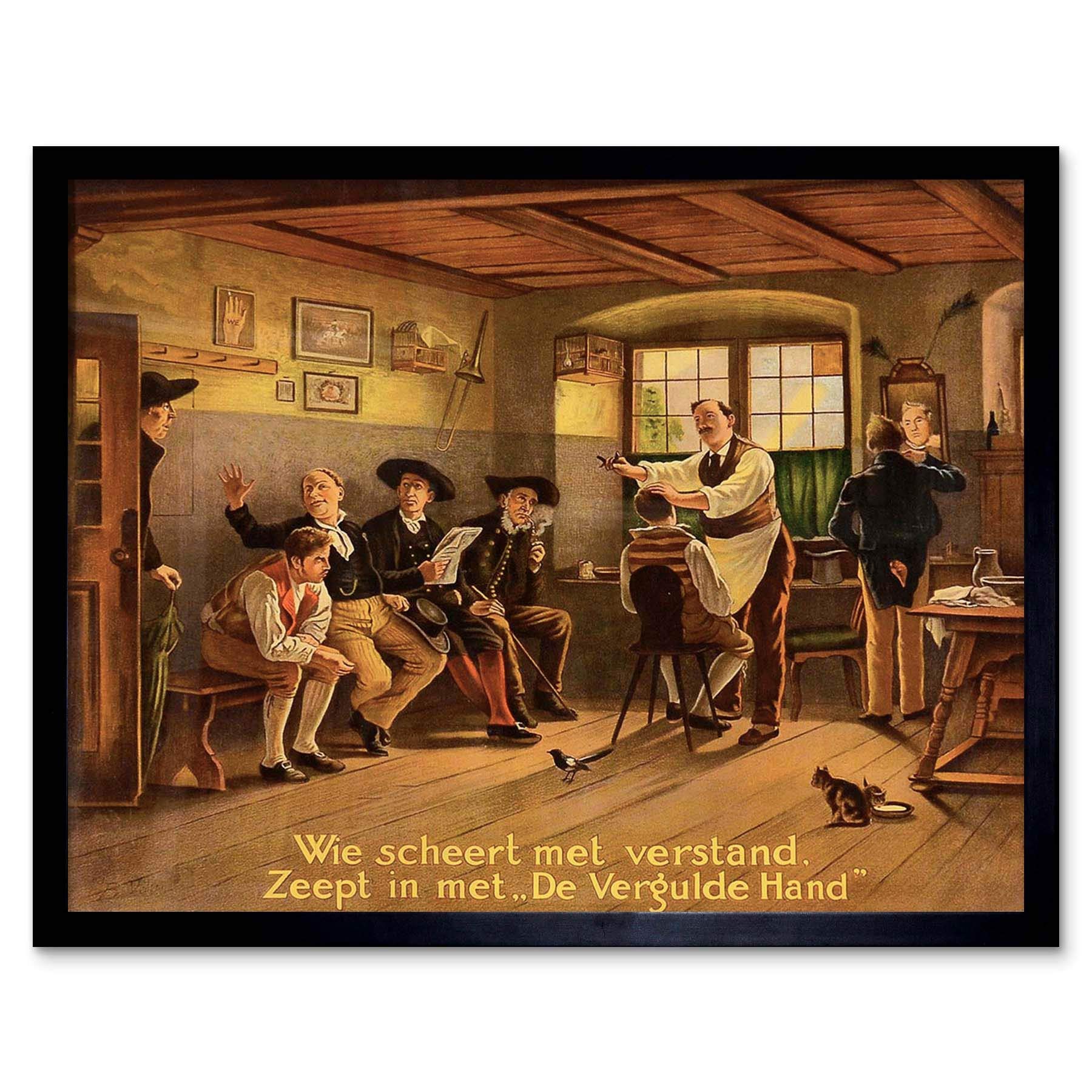 Wee Blue Coo Advert Barber Cutting Hair Vintage Painting America Art Print Framed Poster Wall Decor 12X16 Inch