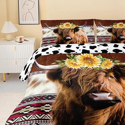 Miniatura 3 de QOOMO Yak - Juego de ropa de cama de girasol, suave y ligero, diseño de vaca de las tierras altas, decoración occidental, juego de edredón azteca