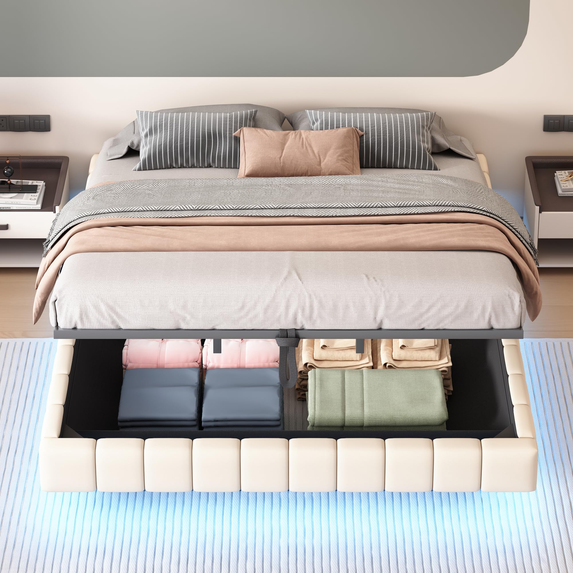 TOBIDOEN Bed 160x200 met opbergruimte, Multifunctioneel gestoffeerd bed met bedlade en zweefbedframe, eenvoudig boxbed jeugdbed zonder hoofdeinde, linnen, grijs