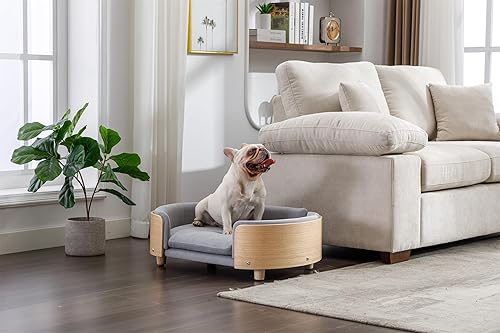 Miniatura 10 de HomSof Cama elevada para perro de 30.7 pulgadas, sofá para mascotas con patas de madera maciza y respaldo de madera doblada, cojín de terciopelo,