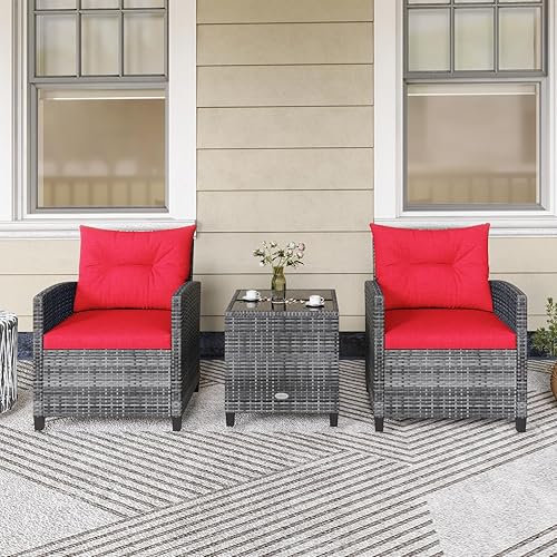 Miniatura 7 de KOTEK Juego de muebles de patio de 3 piezas, juego de conversación de ratán PE para exteriores con cojines lavables y tablero de mesa de vidrio