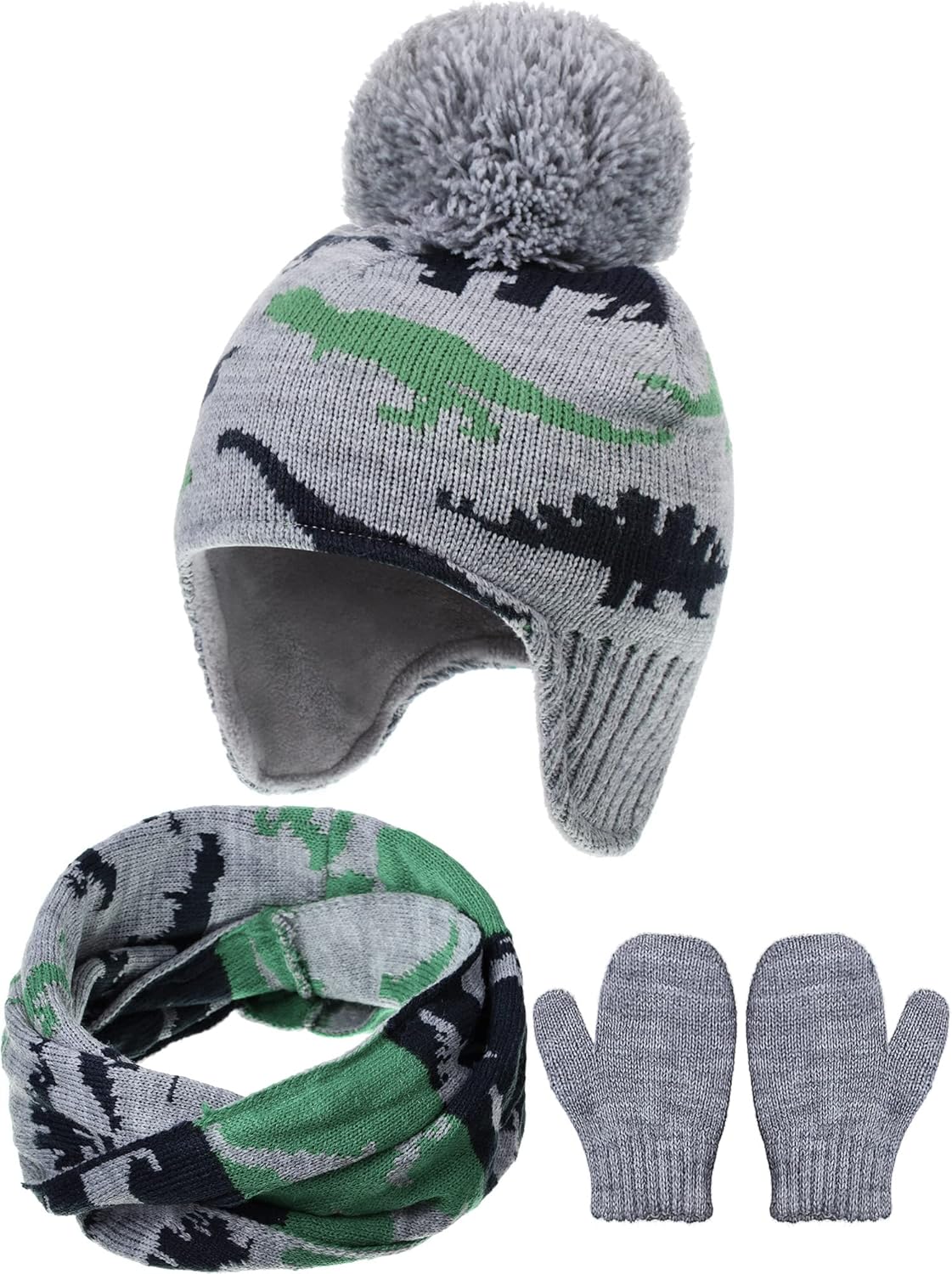 Geyoga 3 Pcs Baby Toddler Scarf Hat Gloves Set Boy Girl Knitted Cap Winter Earflap Beanie Mitten Neck Warmer Kid Fleece Lined