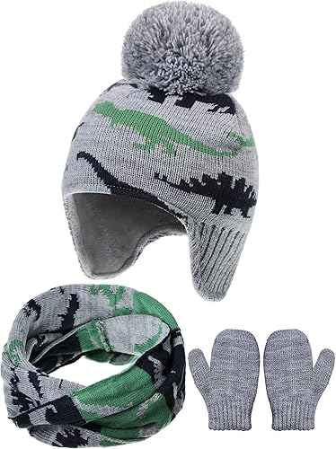 Geyoga Juego de 3 piezas para bebé y niño pequeño bufanda, gorro y guantes, gorro de punto con orejeras, gorro de invierno, manopla, calentador de