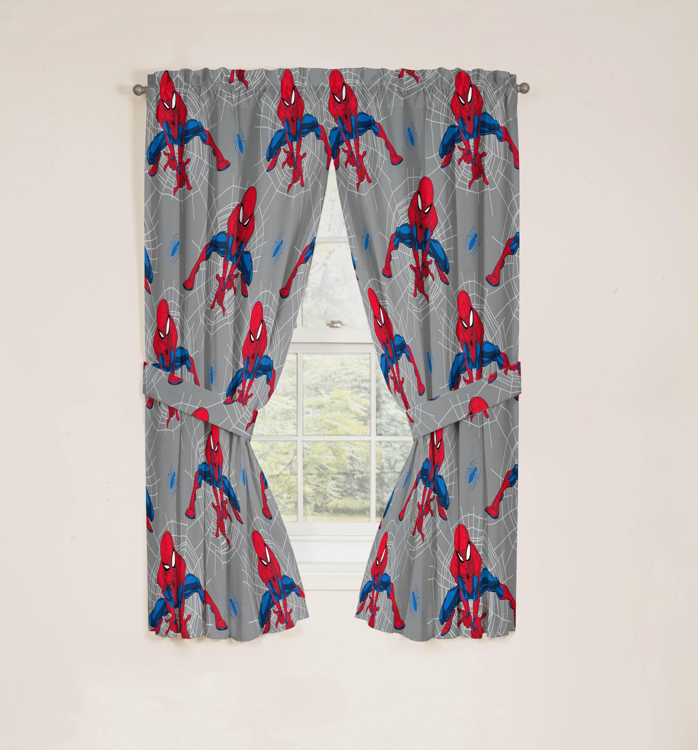 Jay Franco Lot de 2 rideaux de fenêtre pour chambre d'enfant avec 2 embrasses, gris – Spiderman, 106,7 cm de large x 160 cm de long