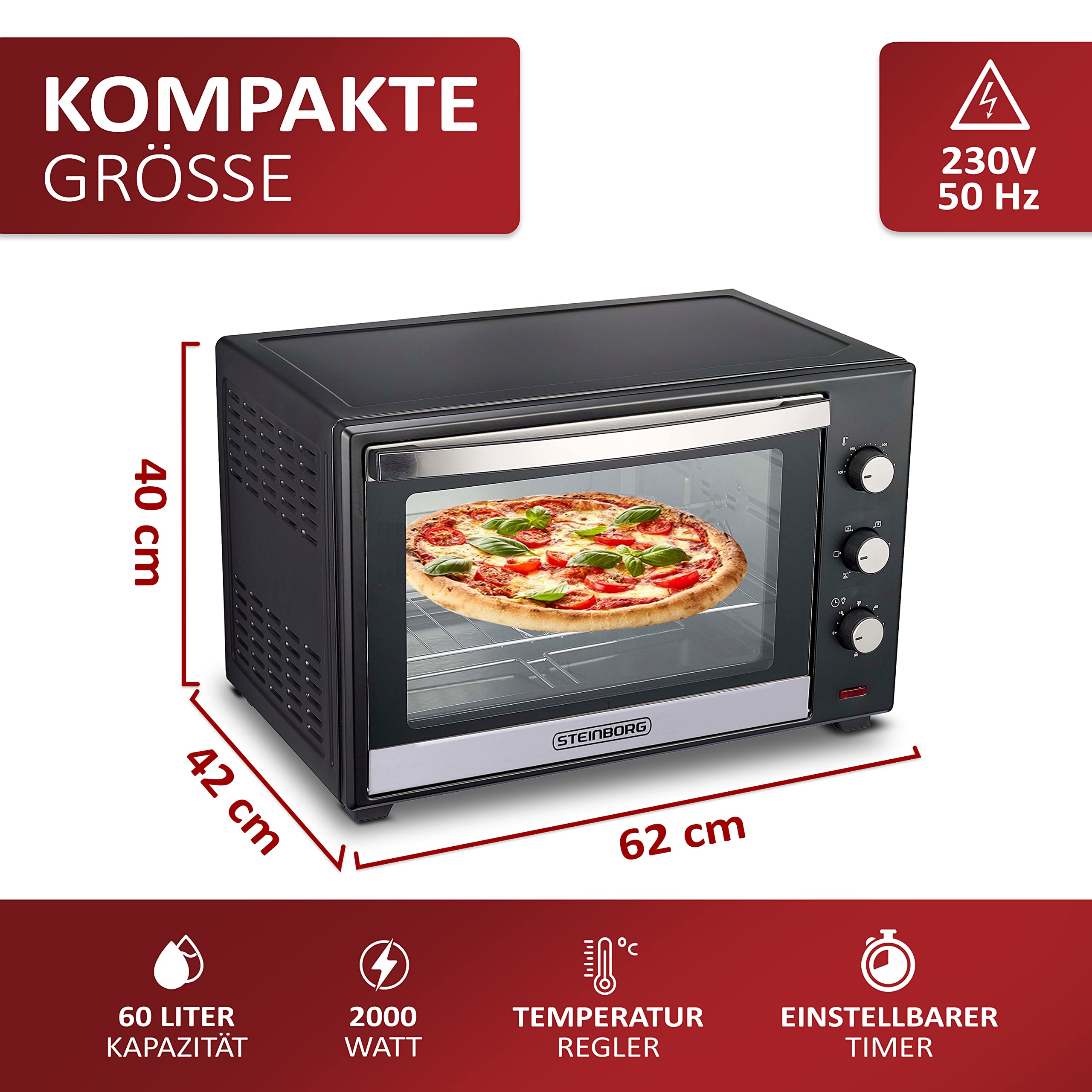 Steinborg Mini piekarnik 60 litrów obrotowy | piec do pizzy | piec autonomiczny