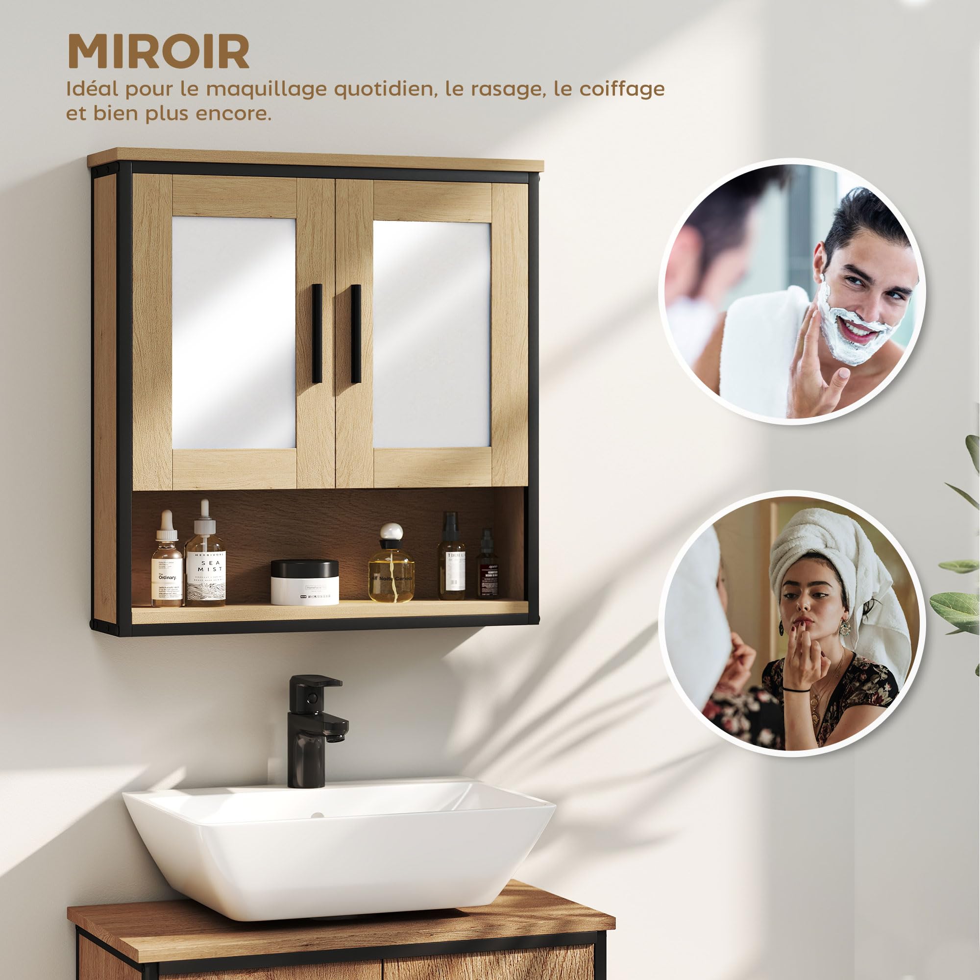 HOMCOM Armoire Murale Salle de Bain avec Miroir, Meuble Salle de Bain, Armoire de Toilette avec Compartiment Ouvert et étagère réglable, chêne