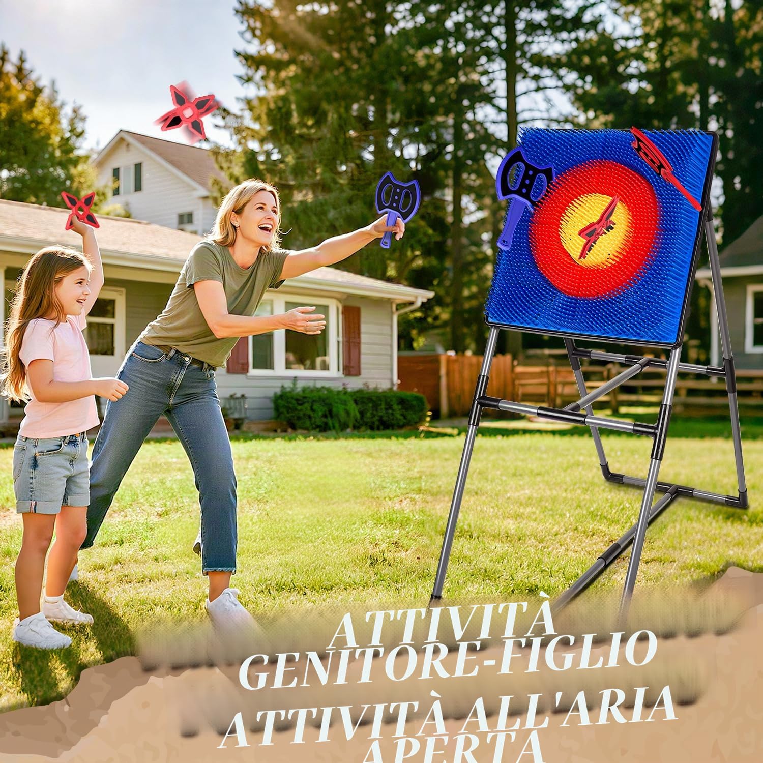 POPERFUN Gioco di lancio dell'ascia con 6 Freccette, 6 Asce, Giocattoli per Interni ed Esterni, Giochi in Giardino, Regali di Compleanno e Natale per Bambini