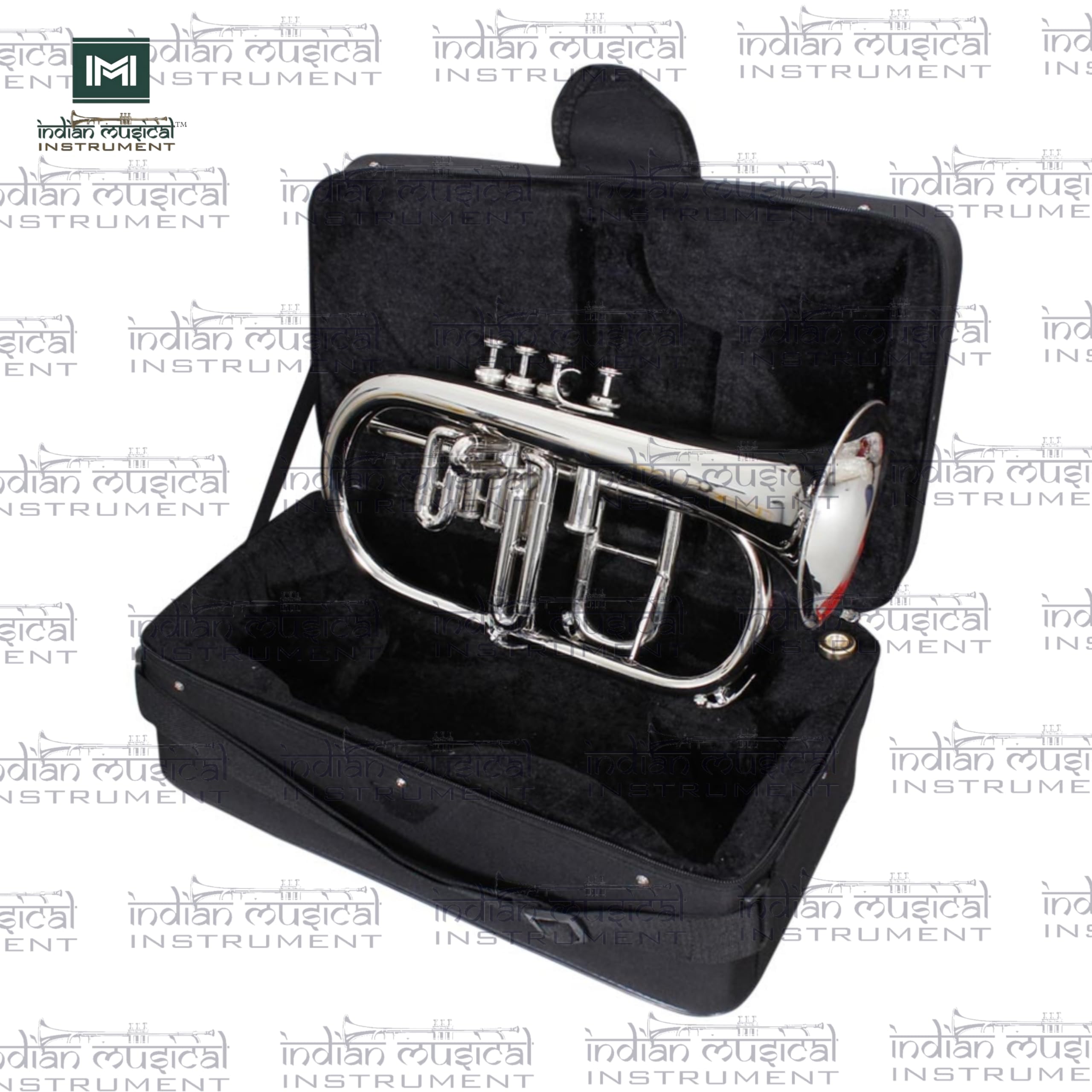 Bocina de flúgel de instrumento musical indio, 4 válvulas, paso Bb de latón de alta calidad con funda rígida y boquilla (plateado)