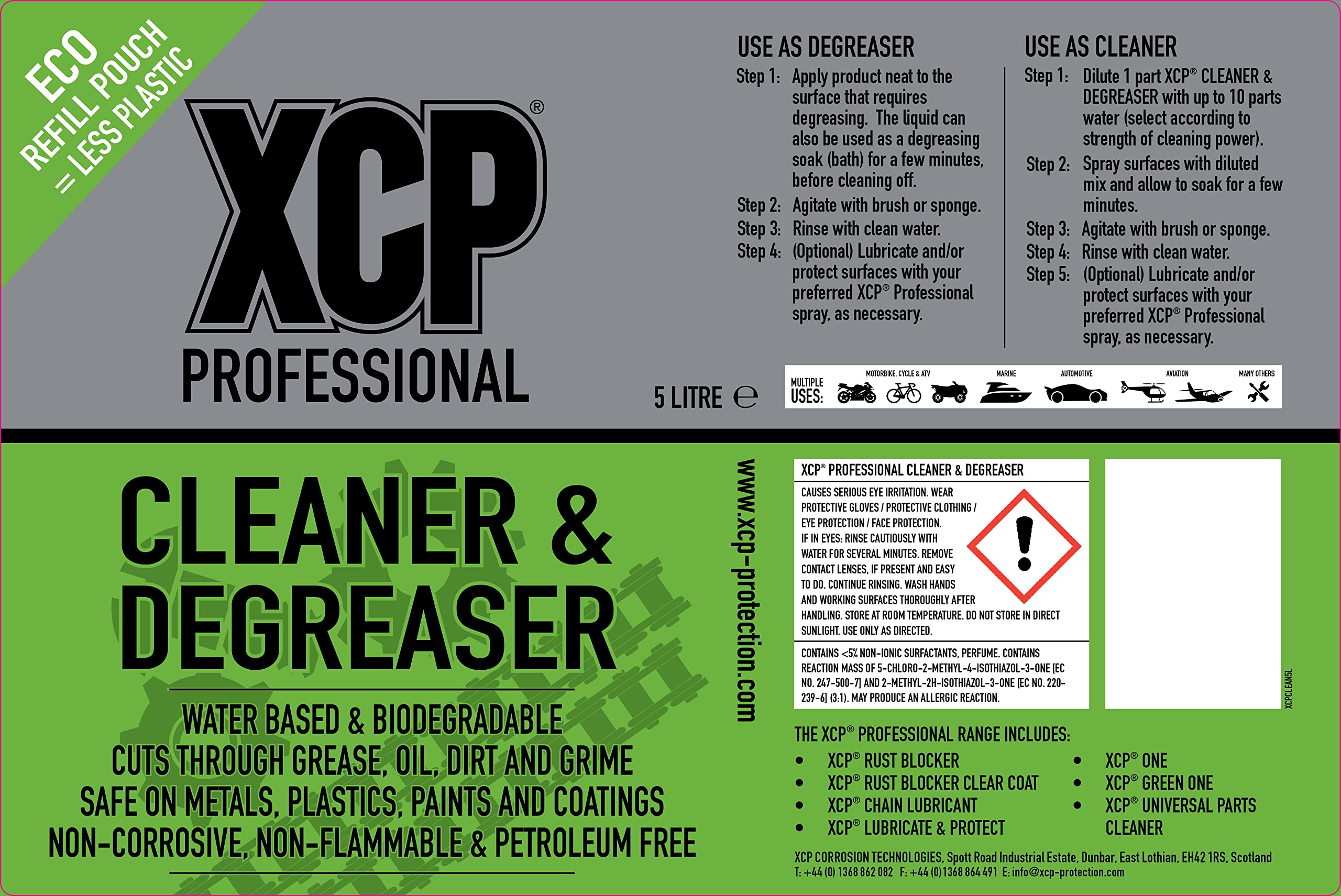 Xcp Cleaner & Degreaser - Desengrasante y limpiador ecológico multiusos para grasa difícil, aceite y suciedad (Repuesto 5 litros)