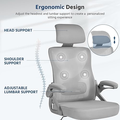 Miniatura 4 de Yaheetech Silla de oficina ergonómica de malla, silla de escritorio con respaldo alto con reposabrazos abatibles, silla de computadora acolchada