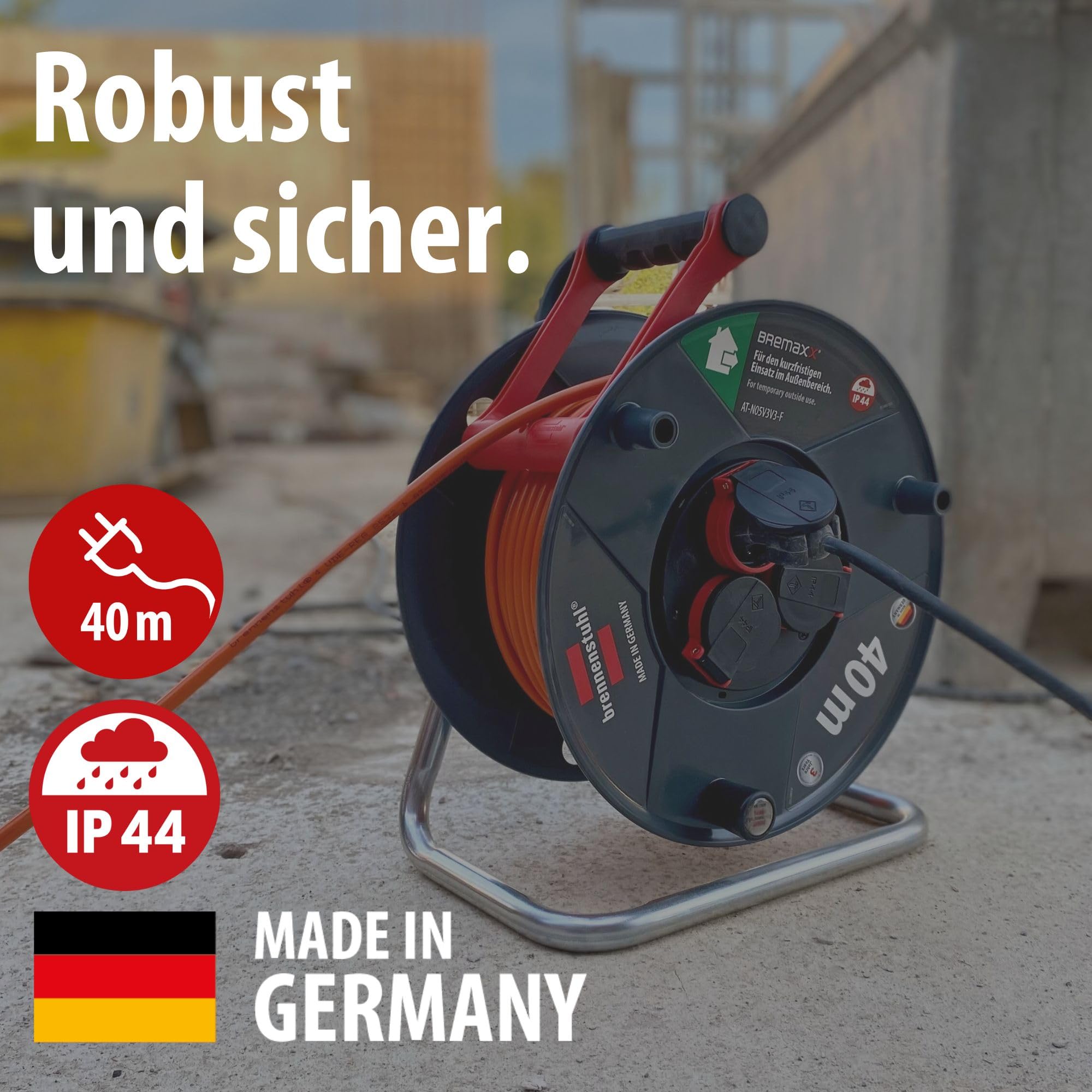 Brennenstuhl Garant V2 IP44 Kabeltrommel 40m Outdoor (Made in Germany, 3 Schutzkontakt-Steckdosen, Überhitzungsschutz, kurzfristiger Einsatz im Außenbereich)