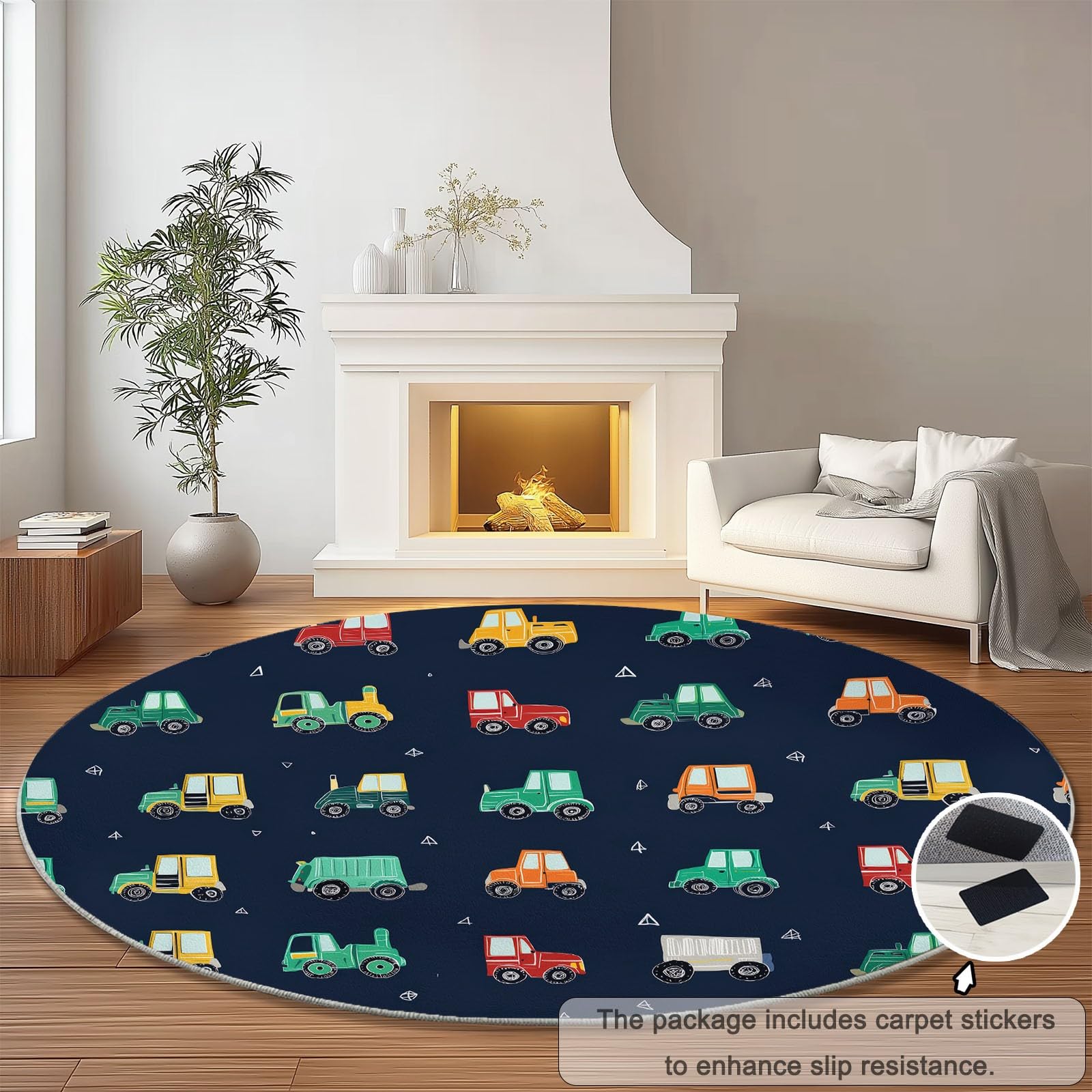 Tappeto rotondo lavabile in lavatrice Modello Di Veicolo Da Costruzione, Stile Carino Tappetino antiscivolo assorbente per camera da letto, soggiorno, cameretta bambini, interno 150 cm, Blu Scuro