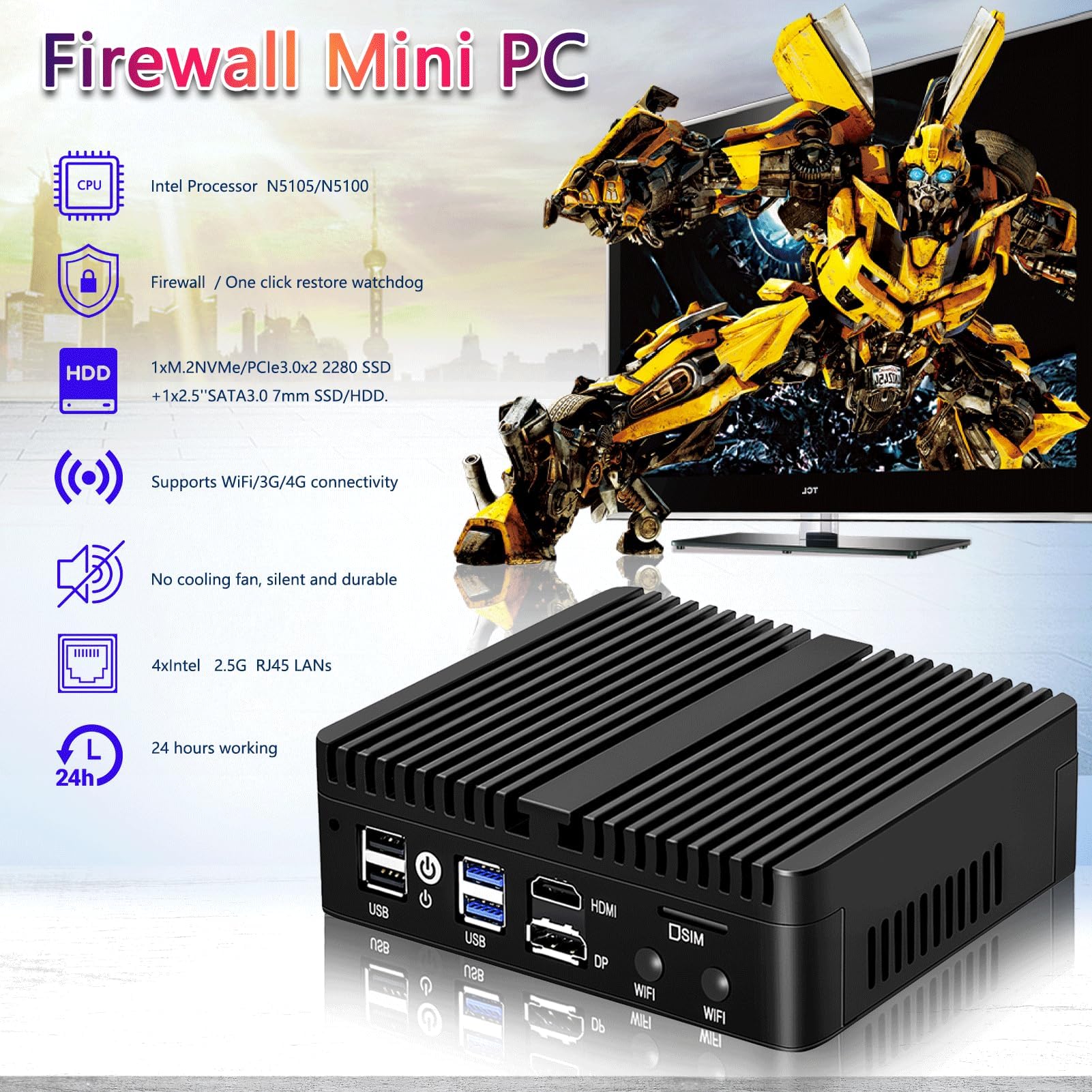 Lüfterloser Firewall Appliance Celeron 6305 Barebone-Mini-PC, 4 x i226-V-LAN-Ports, Netzwerk-Gateway-Softrouter, unterstützt OPNsense P-F-Sense AES NI HD/DP