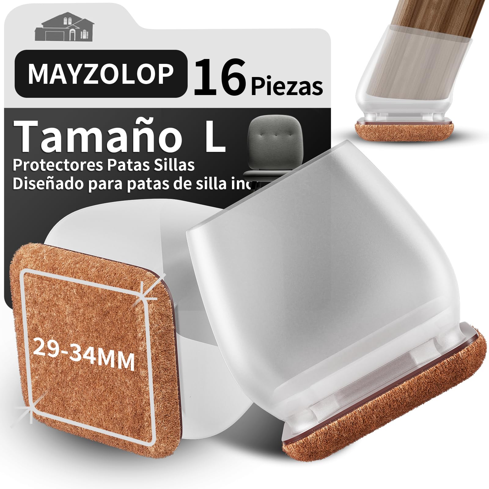 MAYZOLOP 16 Piezas Protector Patas Sillas, Transparentes Protectores Patas Sillas para Inclinación De Las Patas, Cubre Patas Sillas con Fieltro para Suelos De Madera Dura, No Scratches No Noise