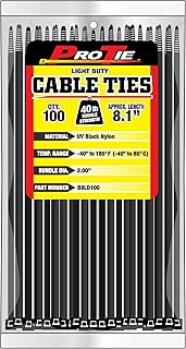 Pro Tie Light Duty, Self-Locking Nylon Cable Wire Ties for Indoor and Outdoor Use | 8.1-Inch, 40 lbs. Tensile Strength, UV Black Nylon, 100-Pack (PN: B8LD100)