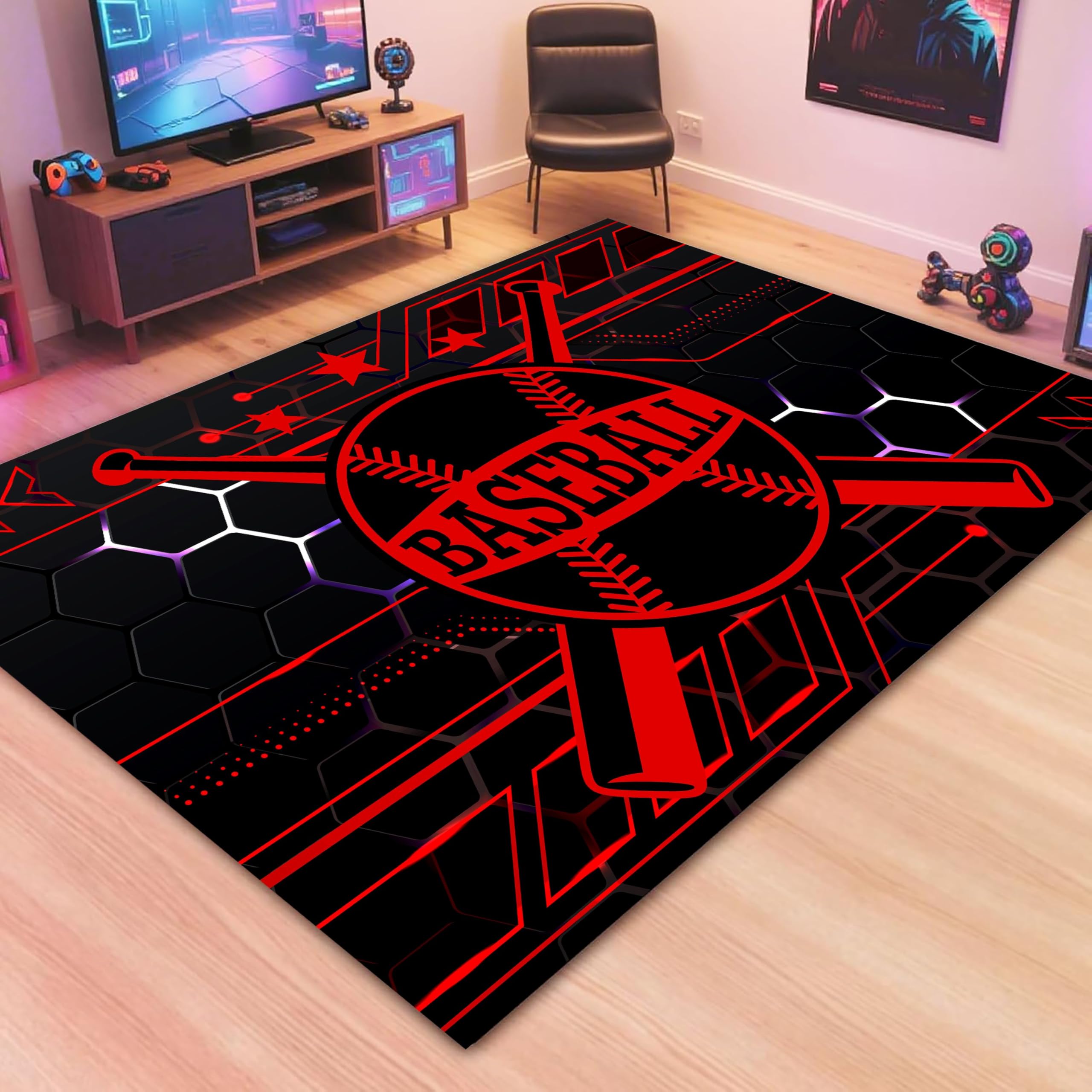 Sports Area Rug 3x5ft Black and Red Rugs for Living Room Bedroom Baseball Area Rugs for Kids Boys Room Decor Geometry Hexagon Theme Carpet Indoor