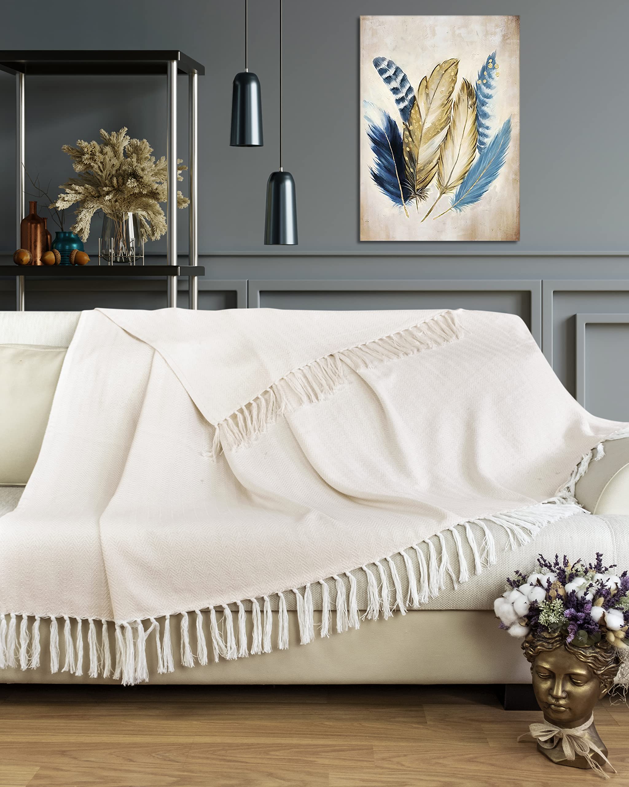 Gräfenstayn Colcha Premium con Flecos - 100% Algodón - 220 x 240 cm XXL - Manta de Verano con patrón de Espiga - Manta de algodón como Manta de Cama, Manta de sofá, Manta de sofá (Crema)