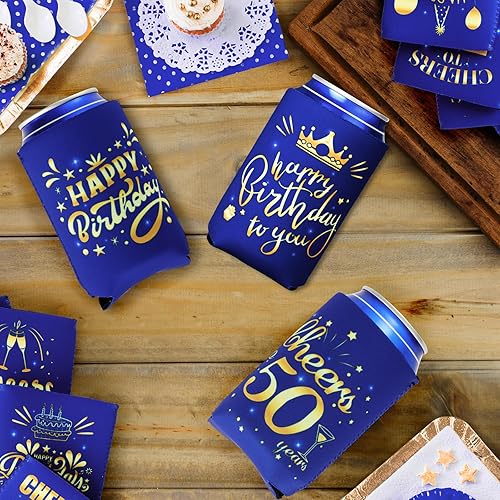 Miniatura 5 de 12 fundas para enfriar latas de cumpleaños número 50  Decoración azul y dorada para hombres y mujeres, fundas de fiesta para bebidas  Regalo de