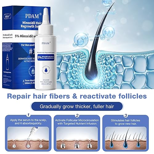 Miniatura 2 de Suero de crecimiento del cabello con minoxidil al 5% con biotina para hombres y mujeres, cabello más grueso y saludable, minoxidil tópico para